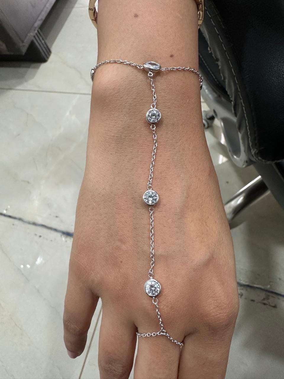 Moissanite Hand Chain Bracelet, Bezel Set Chain Bracelet, 925 Sterling Silver Slave Bracelet