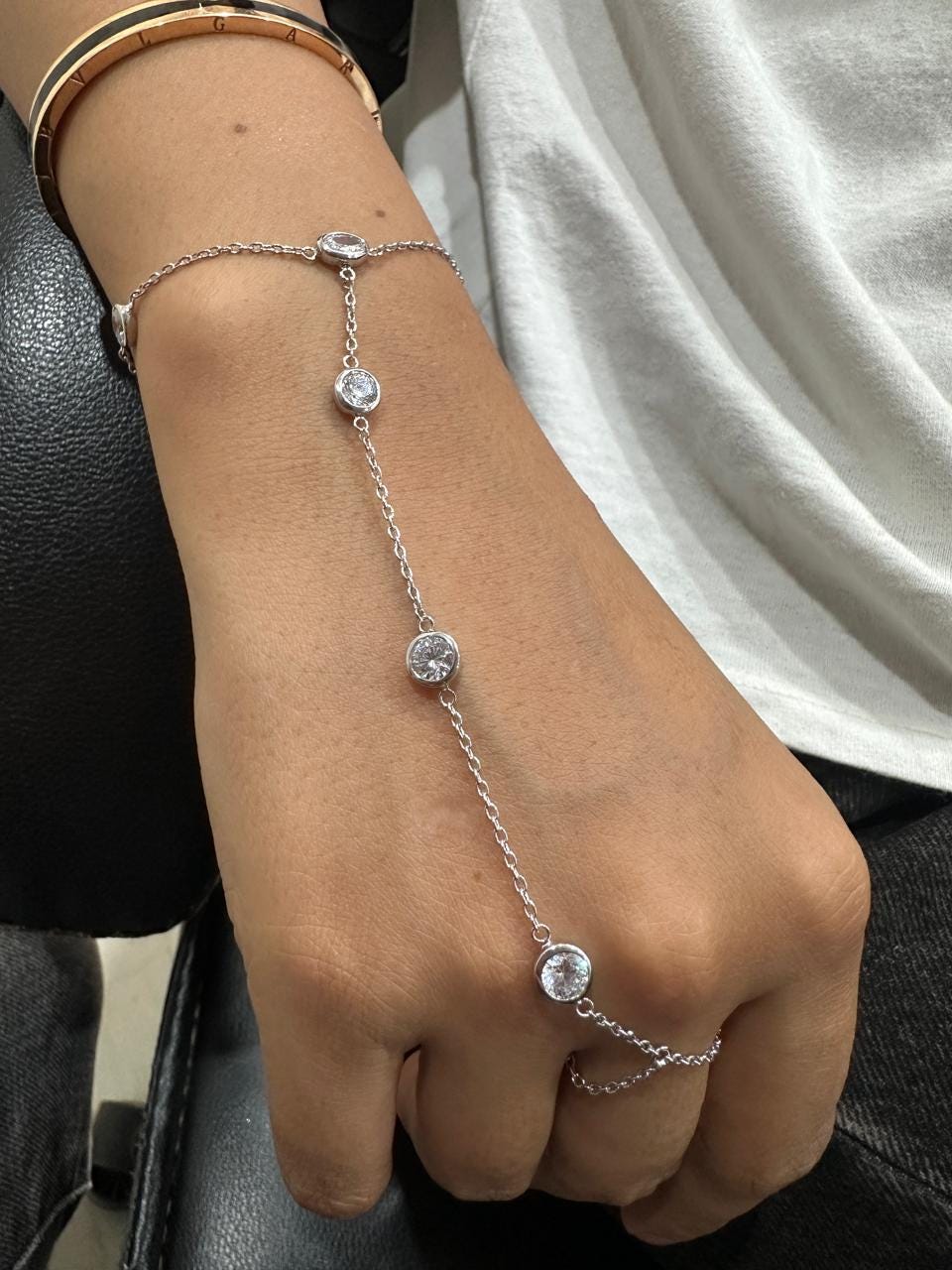 Moissanite Hand Chain Bracelet, Bezel Set Chain Bracelet, 925 Sterling Silver Slave Bracelet