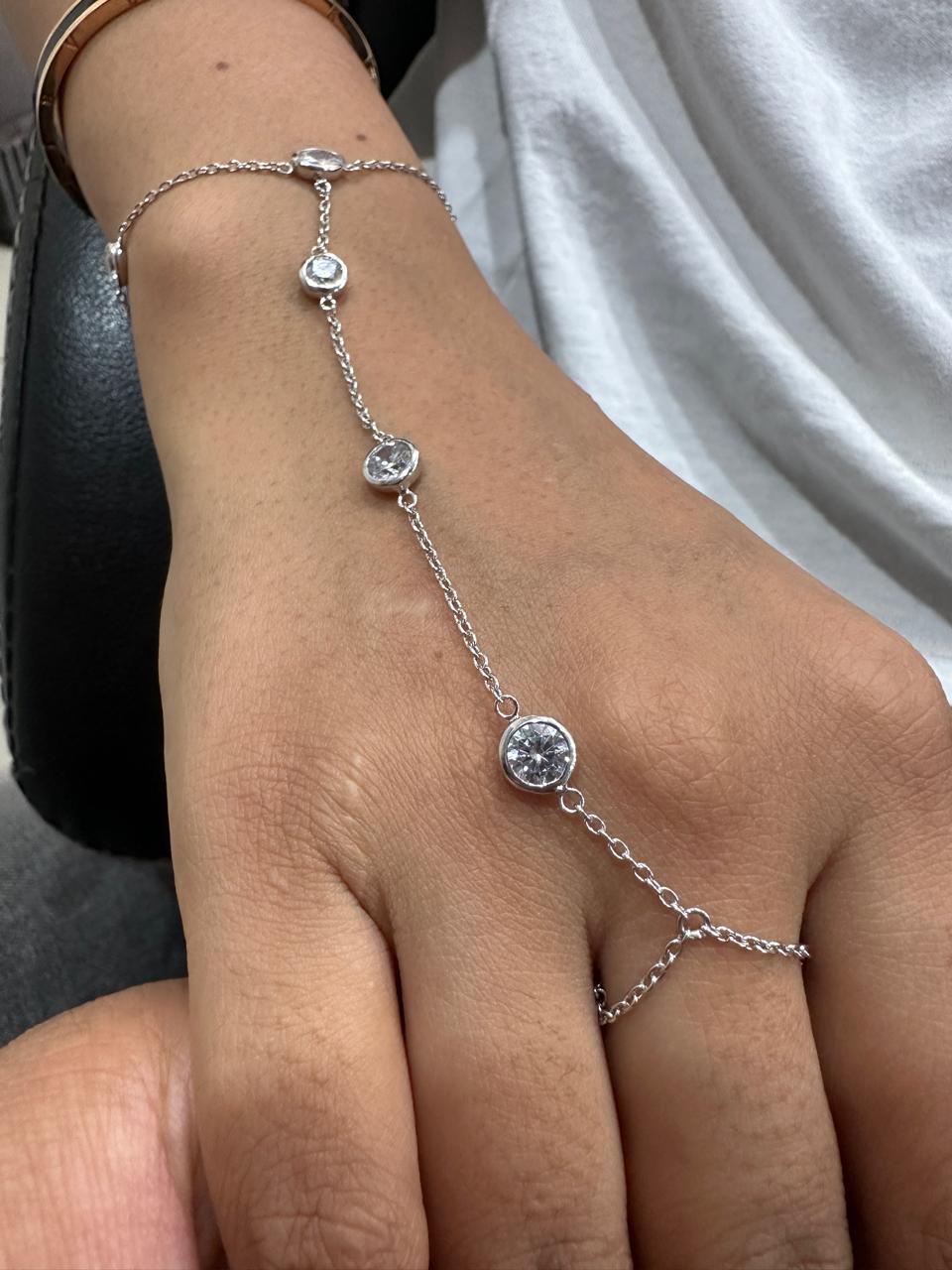 Moissanite Hand Chain Bracelet, Bezel Set Chain Bracelet, 925 Sterling Silver Slave Bracelet