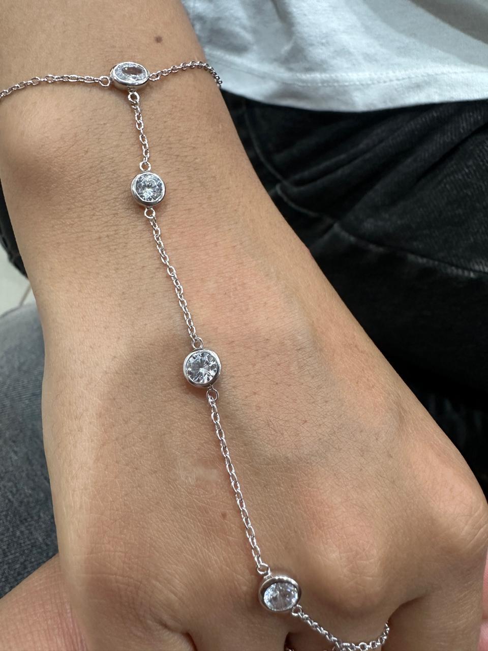 Moissanite Hand Chain Bracelet, Bezel Set Chain Bracelet, 925 Sterling Silver Slave Bracelet