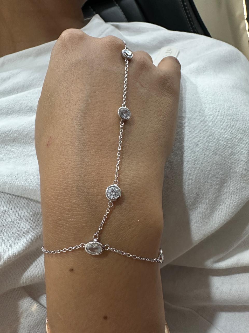 Moissanite Hand Chain Bracelet, Bezel Set Chain Bracelet, 925 Sterling Silver Slave Bracelet