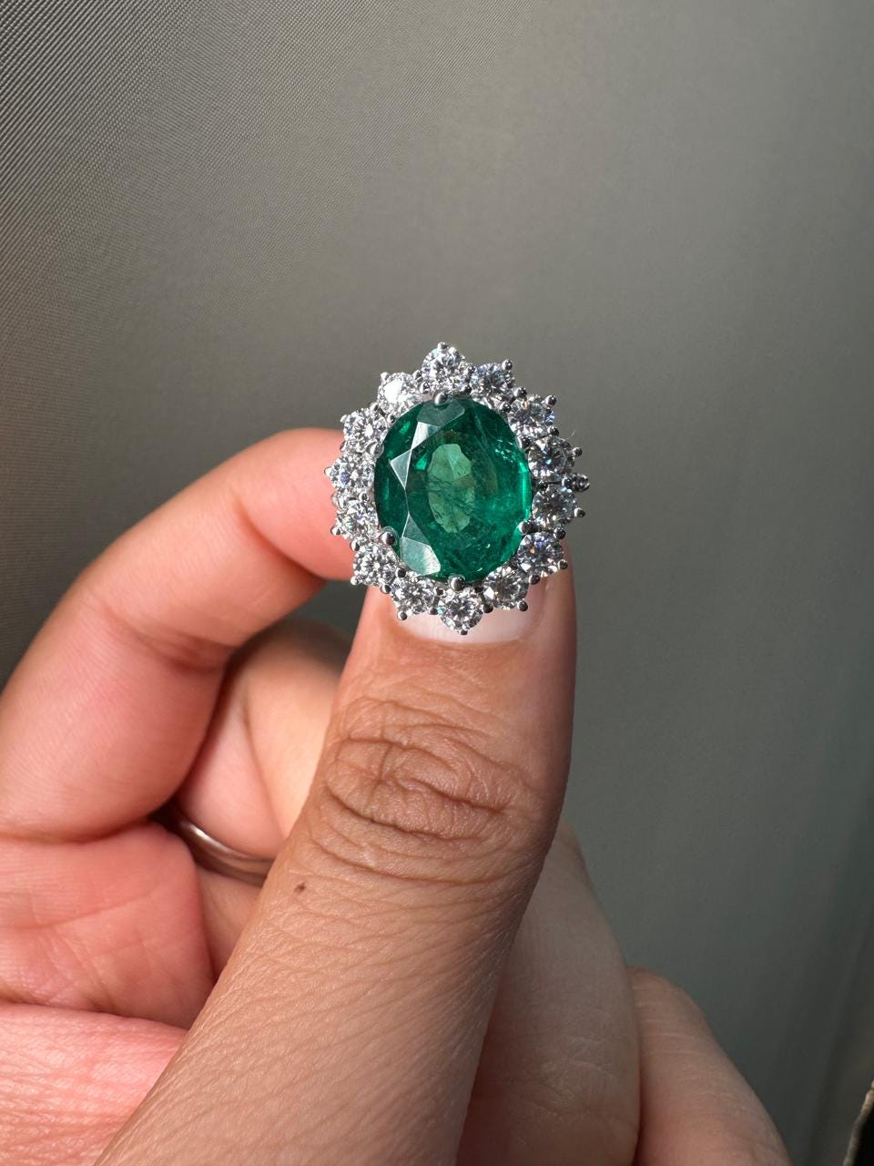 Oval Emerald Sunflower Halo Engagement Ring, Pave Band Statement Ring