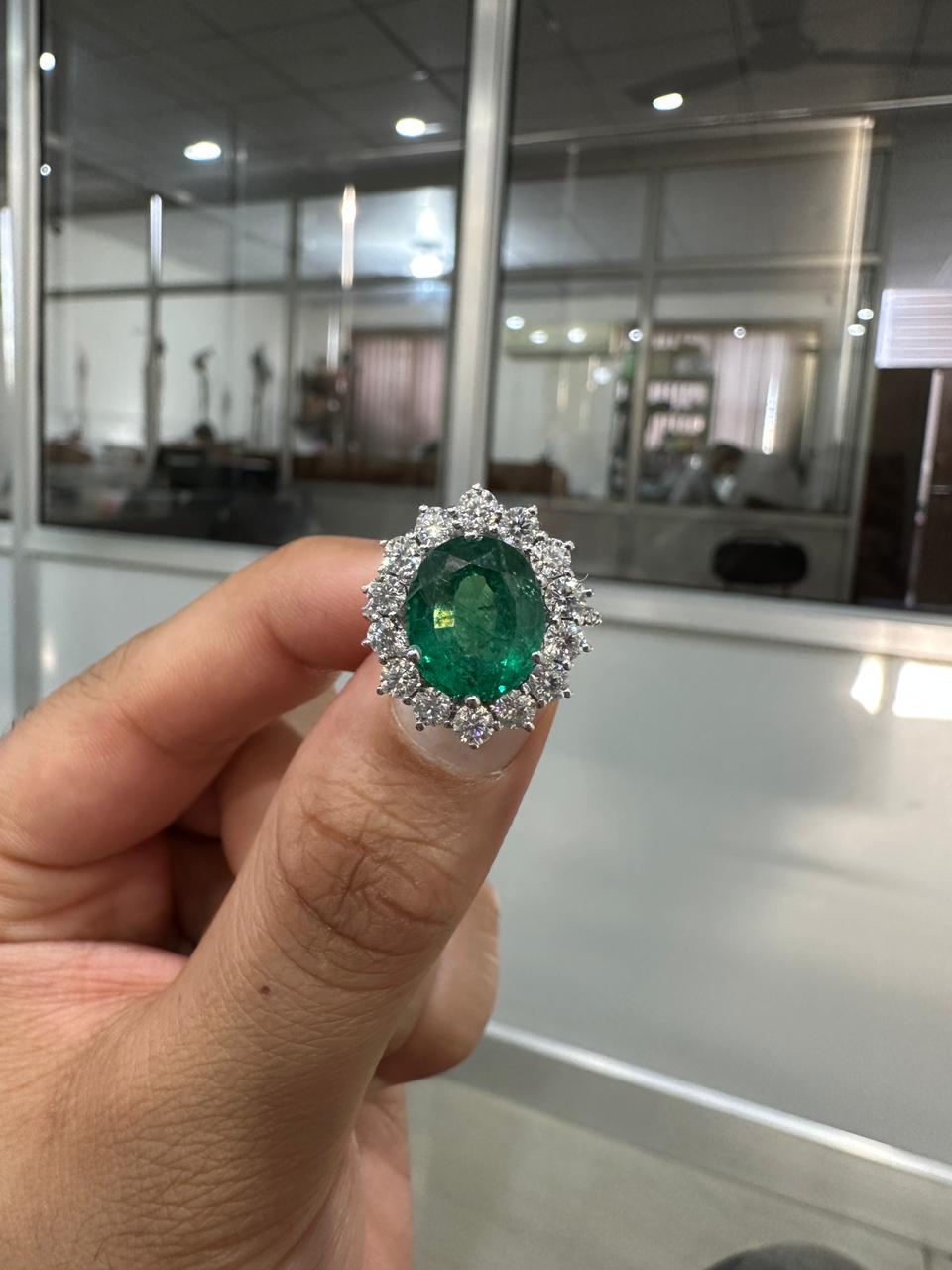 Oval Emerald Sunflower Halo Engagement Ring, Pave Band Statement Ring