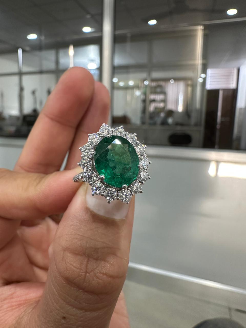 Oval Emerald Sunflower Halo Engagement Ring, Pave Band Statement Ring