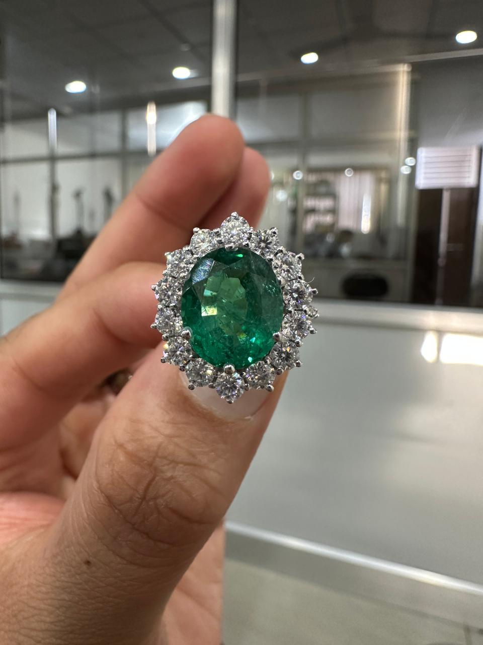 Oval Emerald Sunflower Halo Engagement Ring, Pave Band Statement Ring