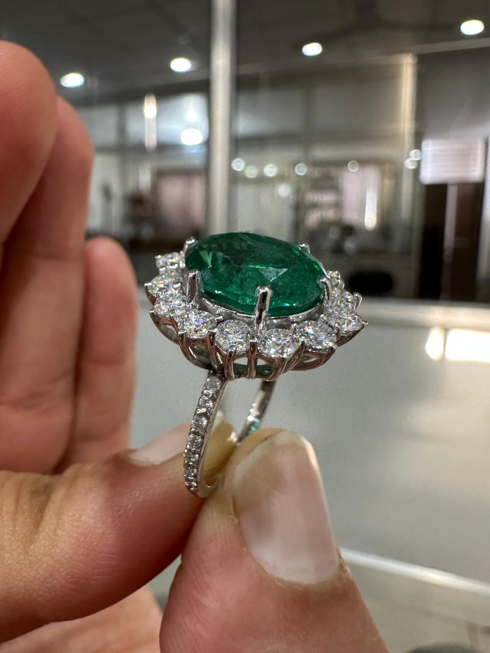 Oval Emerald Sunflower Halo Engagement Ring, Pave Band Statement Ring