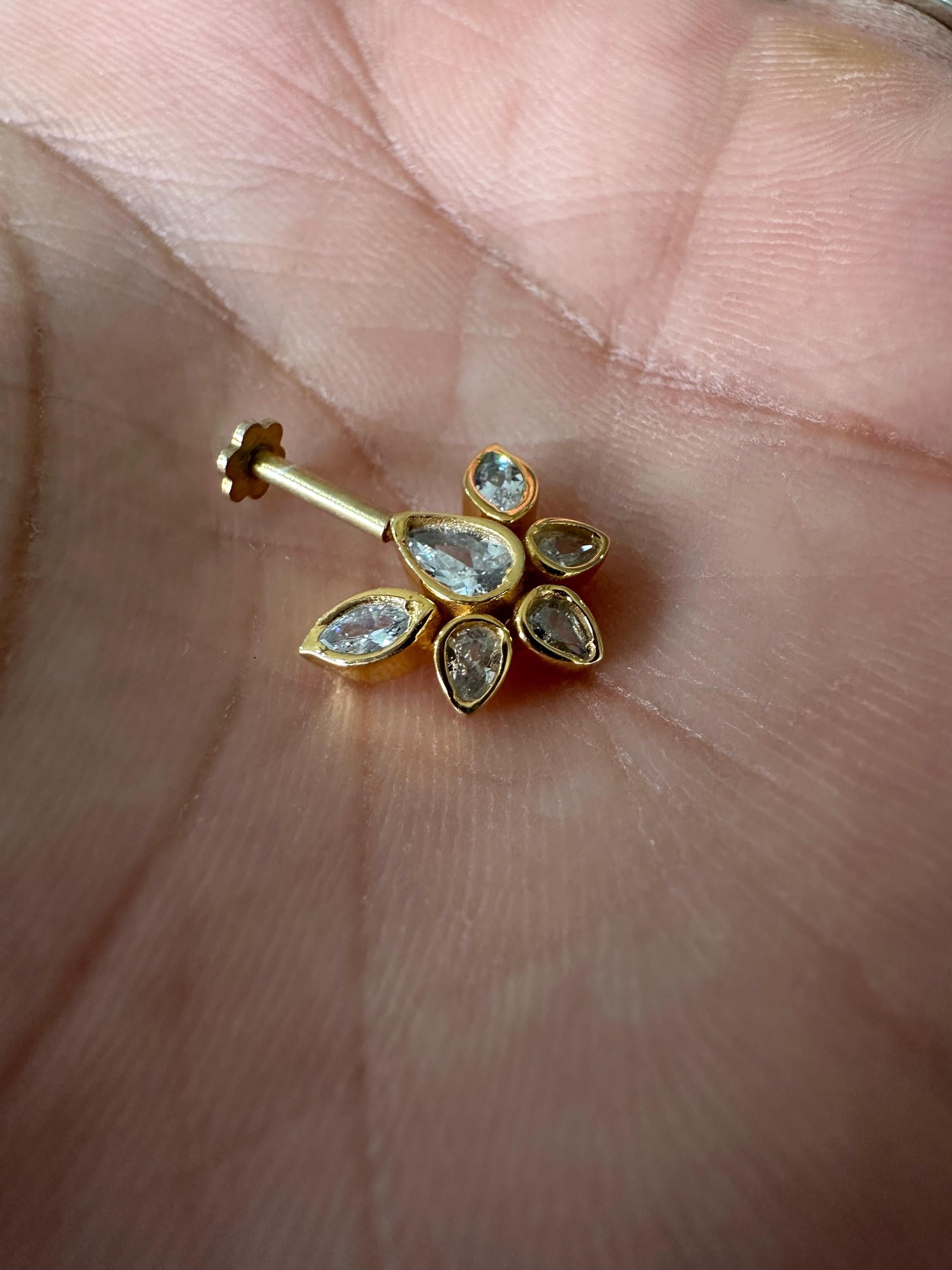 14K Gold Moissanite Floral Cluster Helix Earring, Flat Back Stud Piercing Jewelry