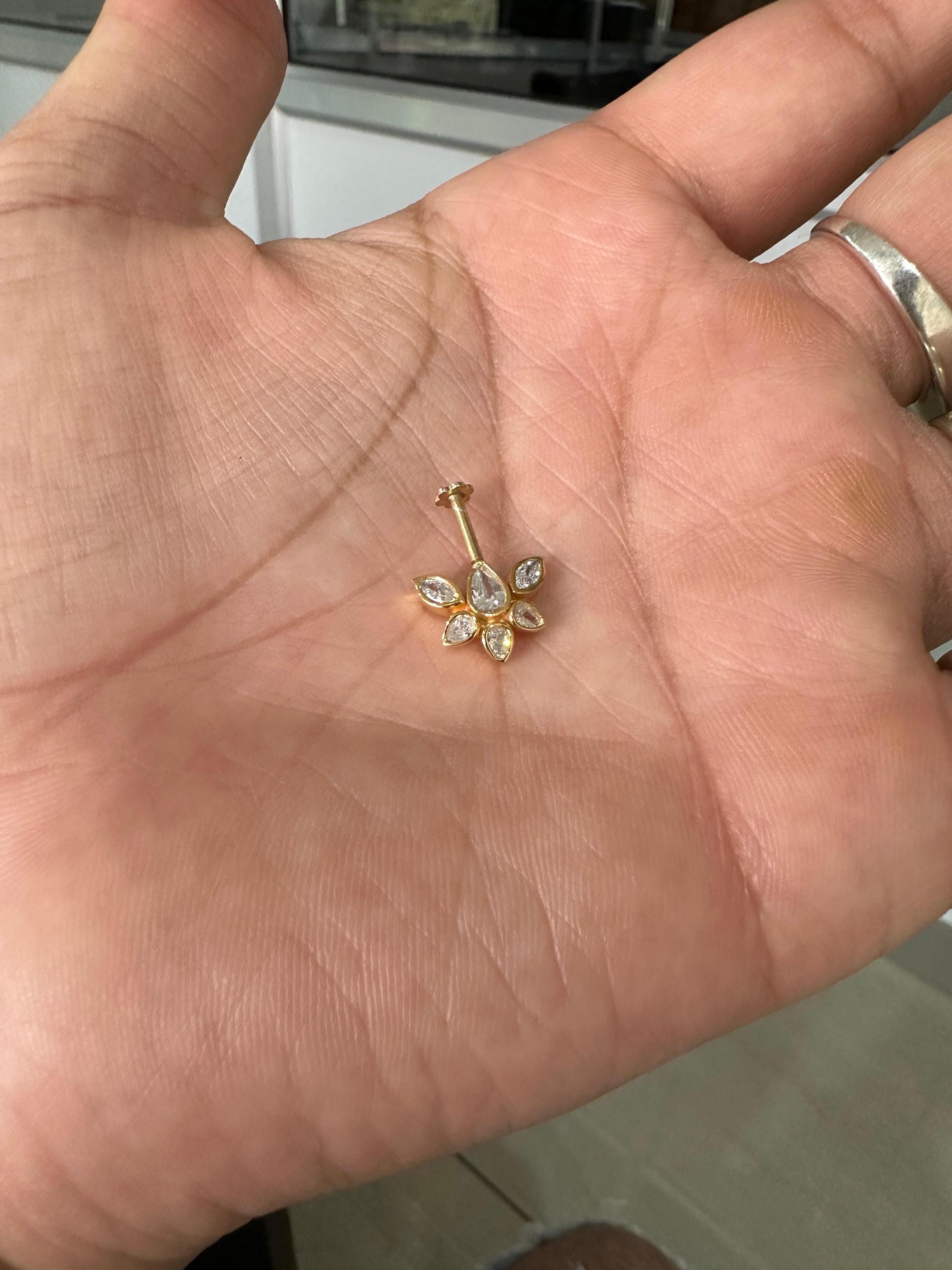 14K Gold Moissanite Floral Cluster Helix Earring, Flat Back Stud Piercing Jewelry