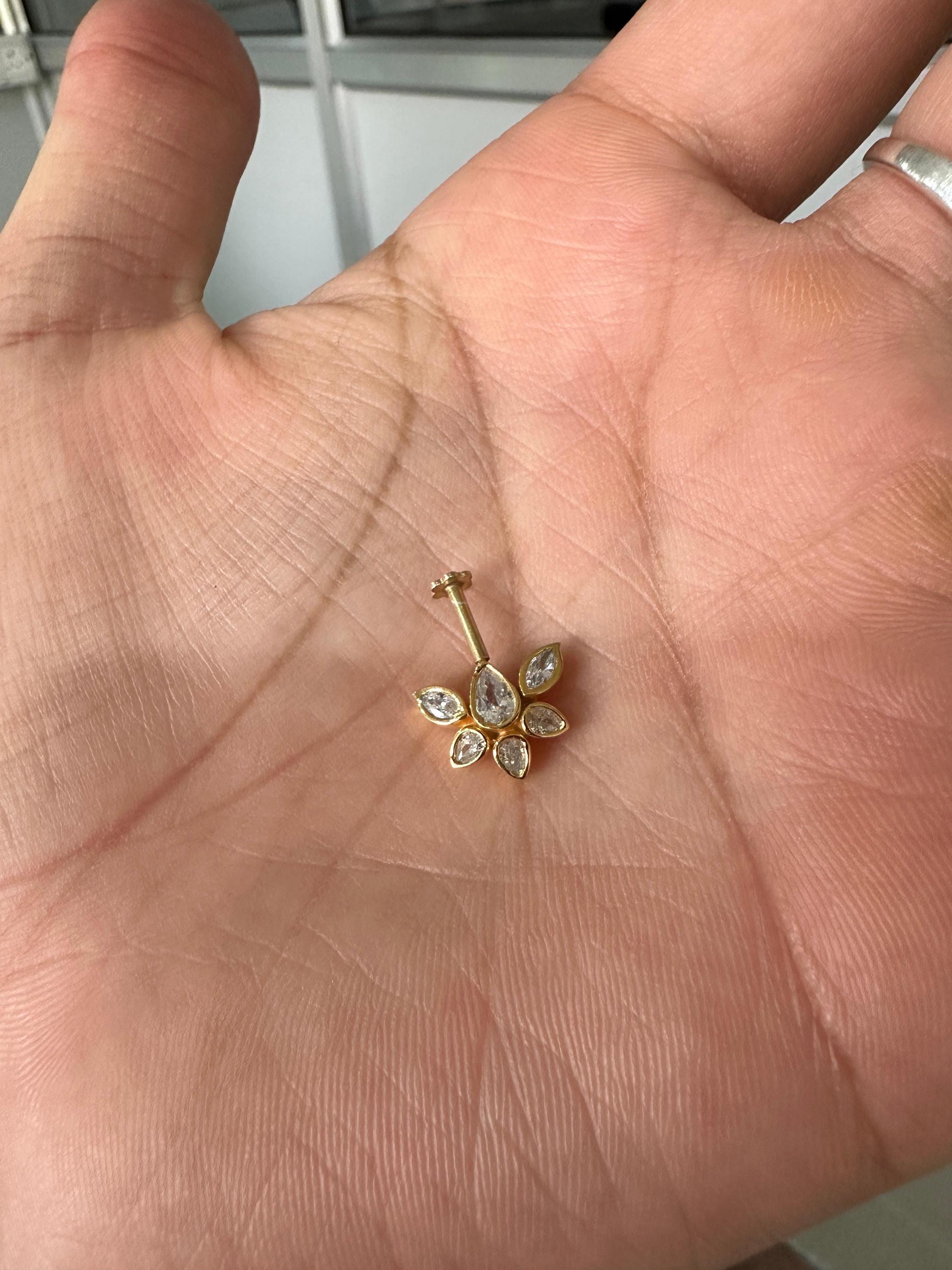 14K Gold Moissanite Floral Cluster Helix Earring, Flat Back Stud Piercing Jewelry