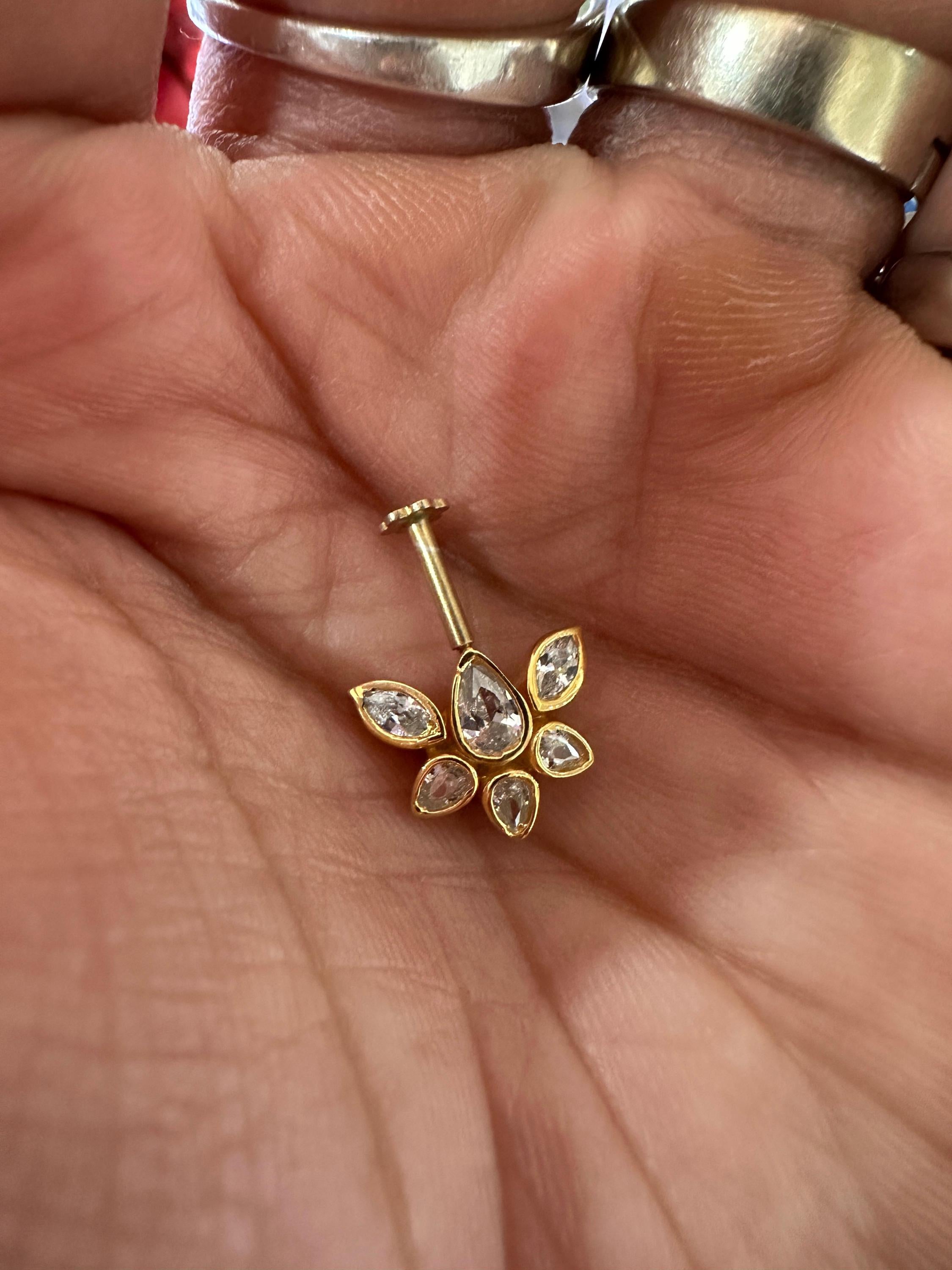 14K Gold Moissanite Floral Cluster Helix Earring, Flat Back Stud Piercing Jewelry