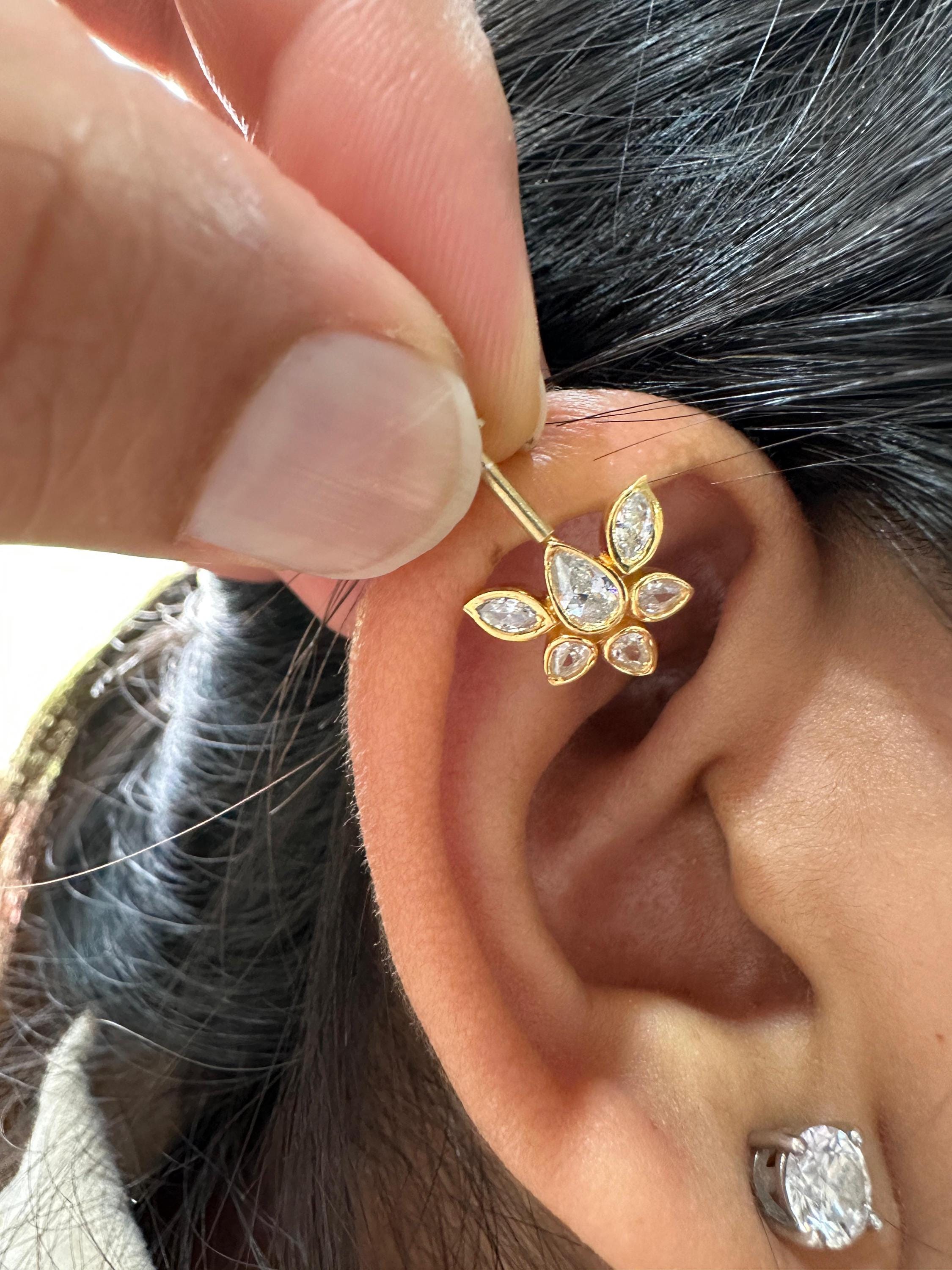 14K Gold Moissanite Floral Cluster Helix Earring, Flat Back Stud Piercing Jewelry