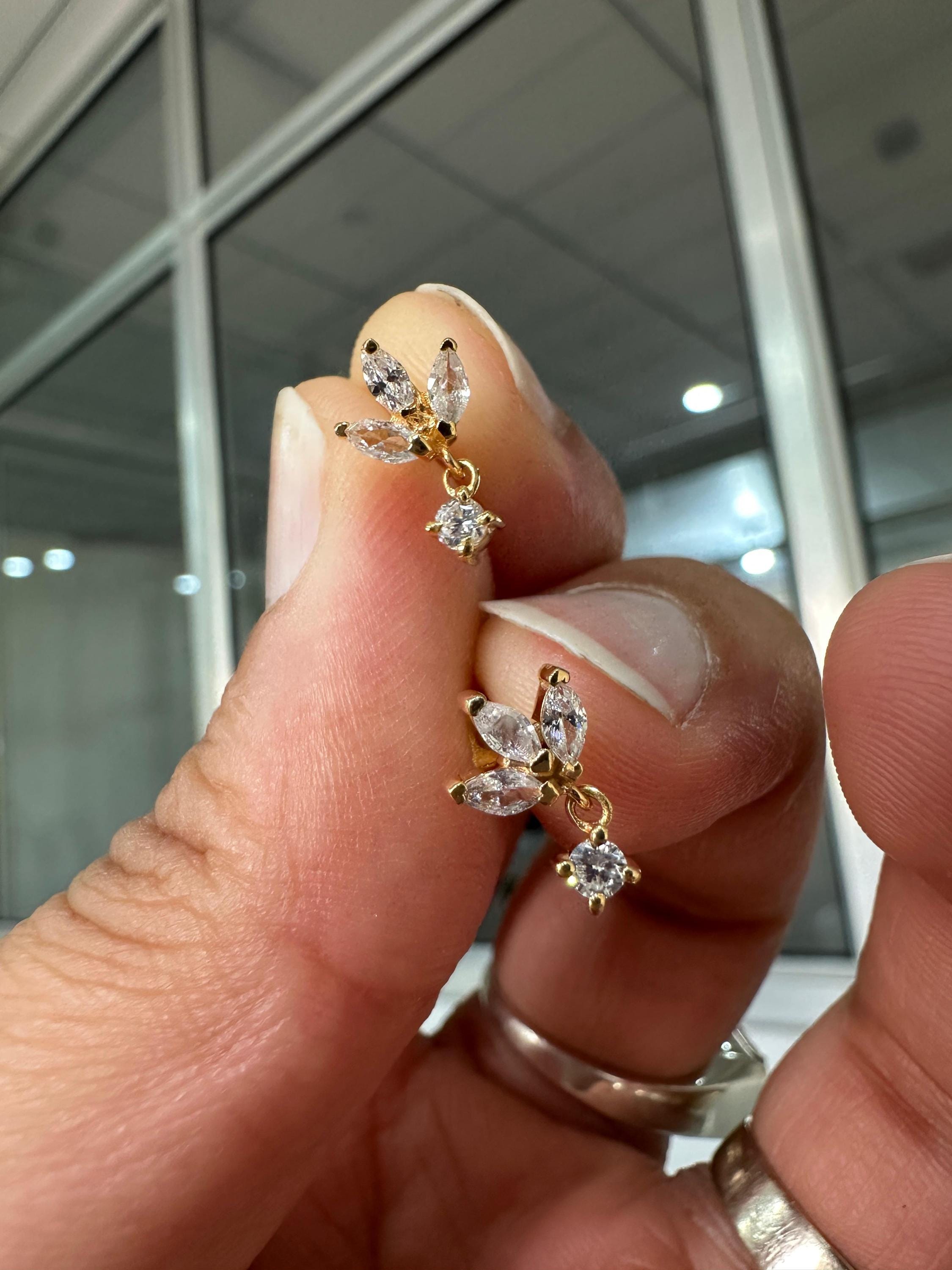 14K Gold Marquise Moissanite Floral Stud Earrings, Screw Back Dainty Drop