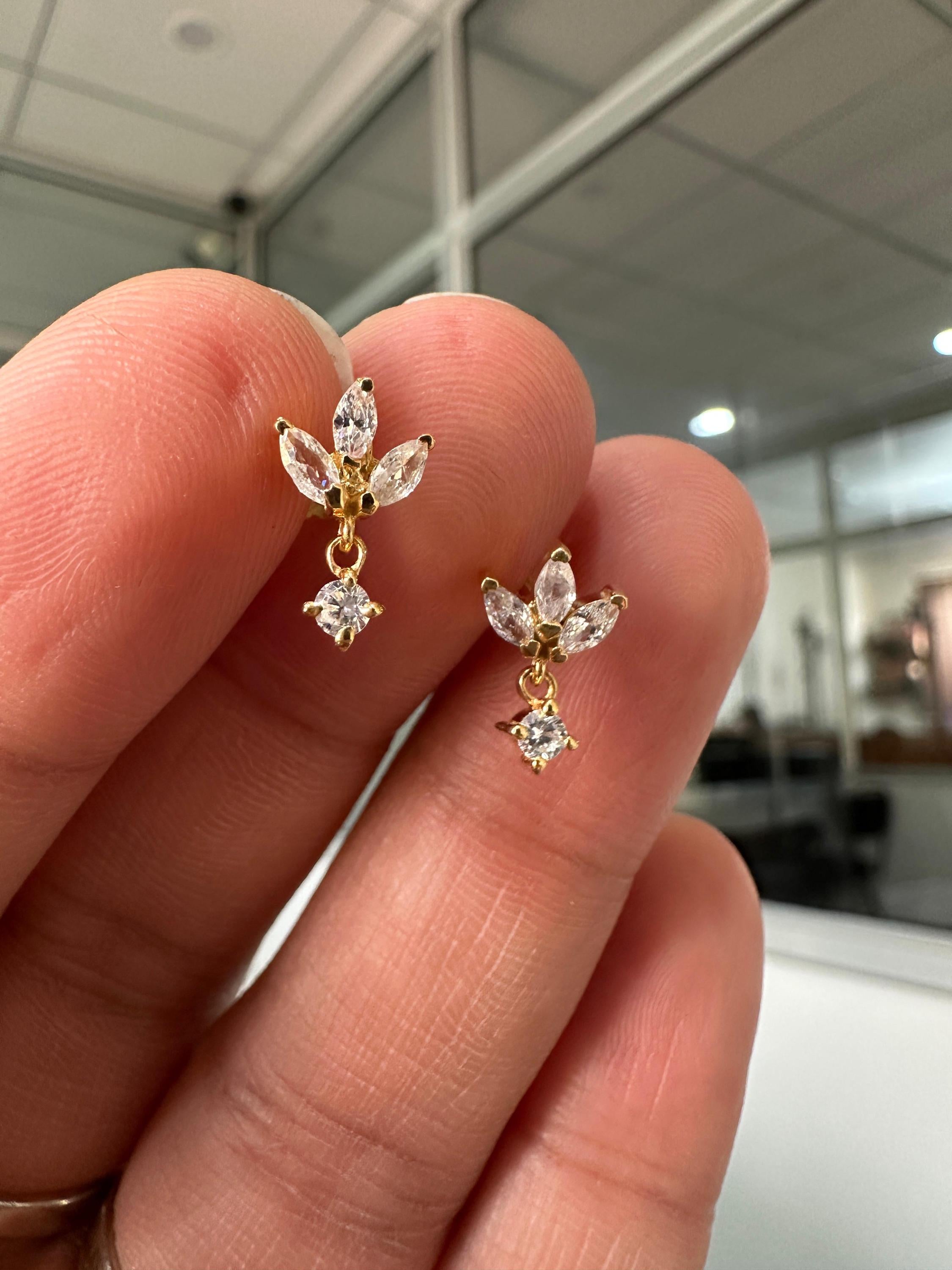 14K Gold Marquise Moissanite Floral Stud Earrings, Screw Back Dainty Drop