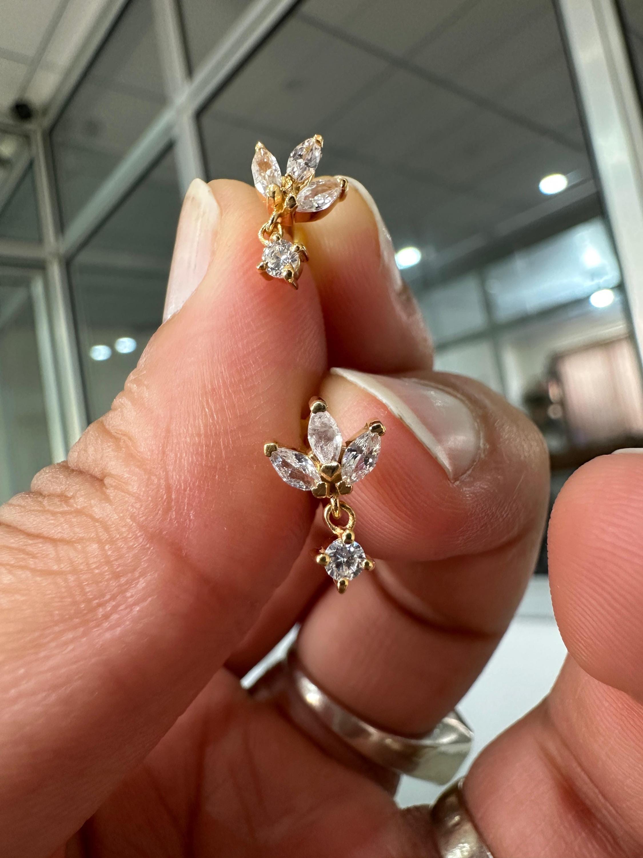 14K Gold Marquise Moissanite Floral Stud Earrings, Screw Back Dainty Drop
