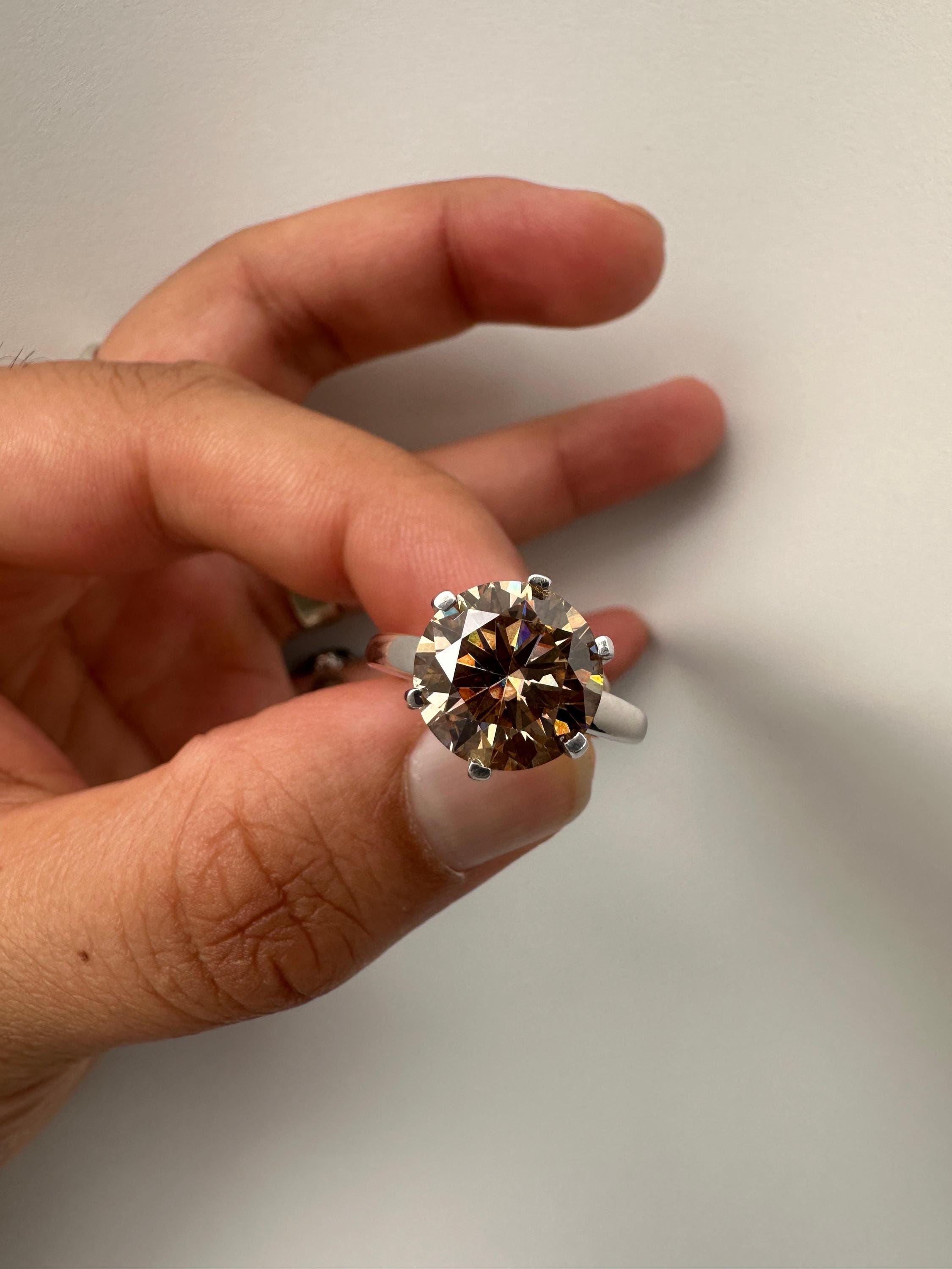 6 CT Champagne Moissanite Engagement Ring, 14K White Gold Round Solitaire Statement Ring