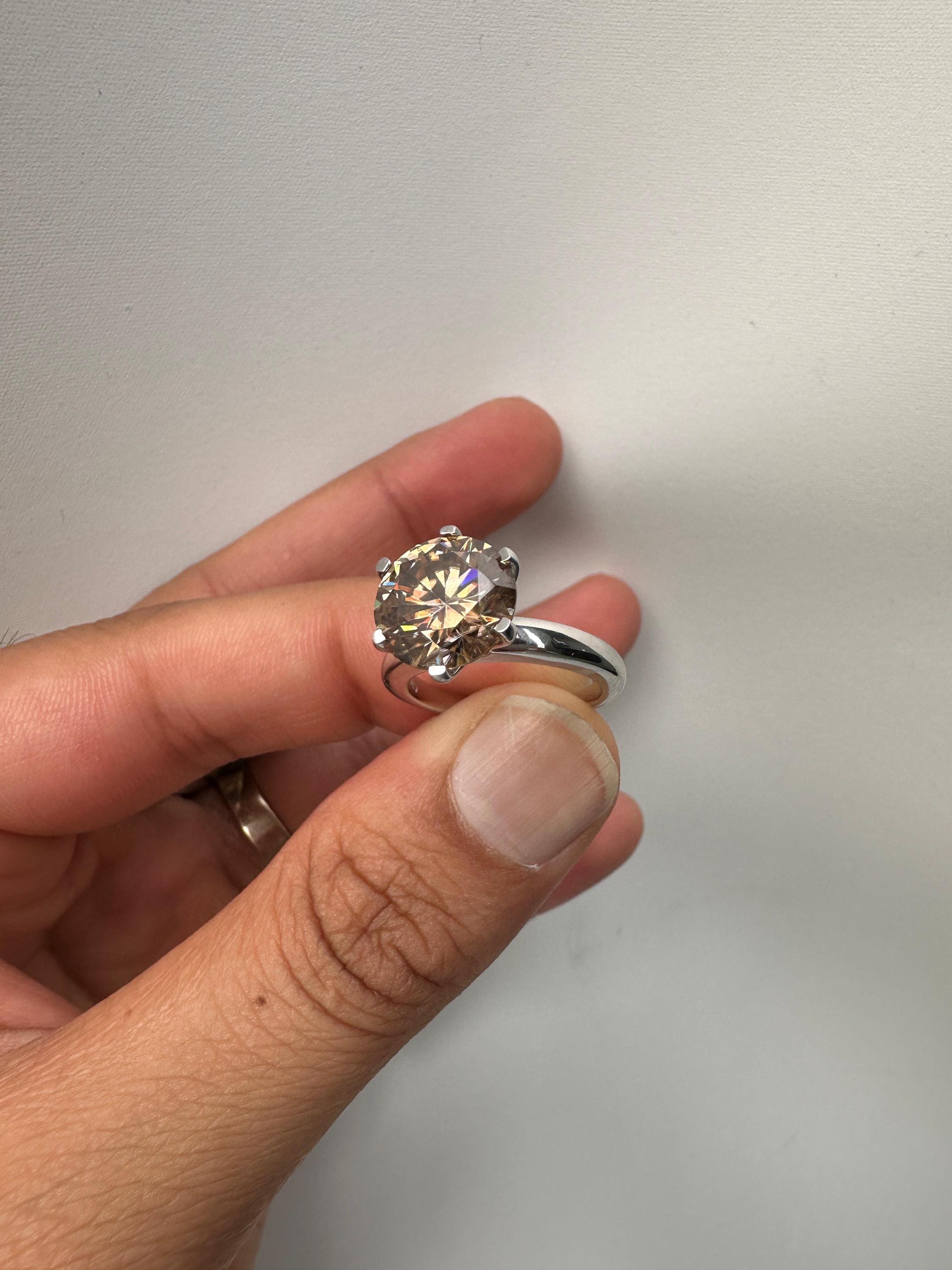 6 CT Champagne Moissanite Engagement Ring, 14K White Gold Round Solitaire Statement Ring