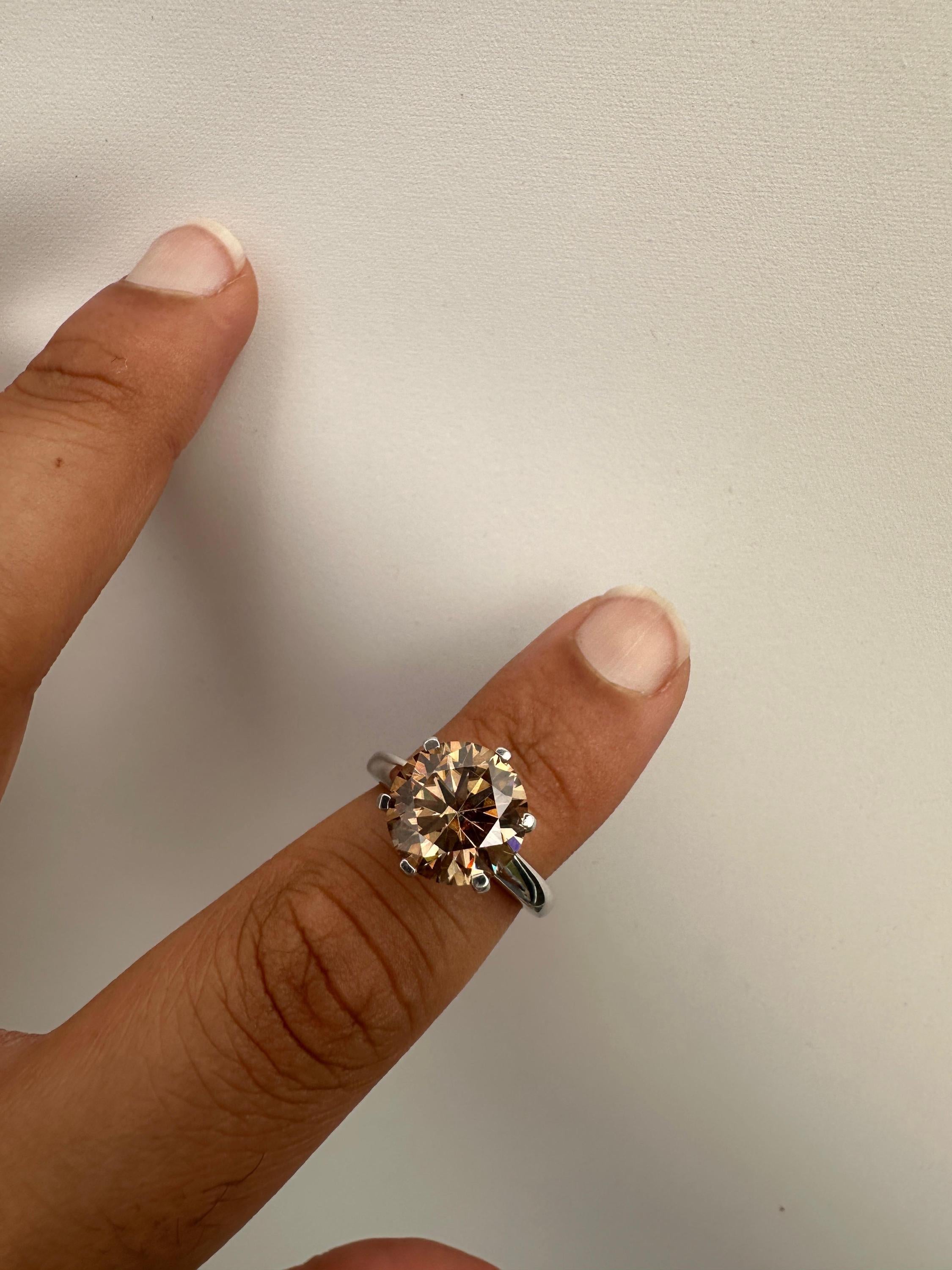 6 CT Champagne Moissanite Engagement Ring, 14K White Gold Round Solitaire Statement Ring