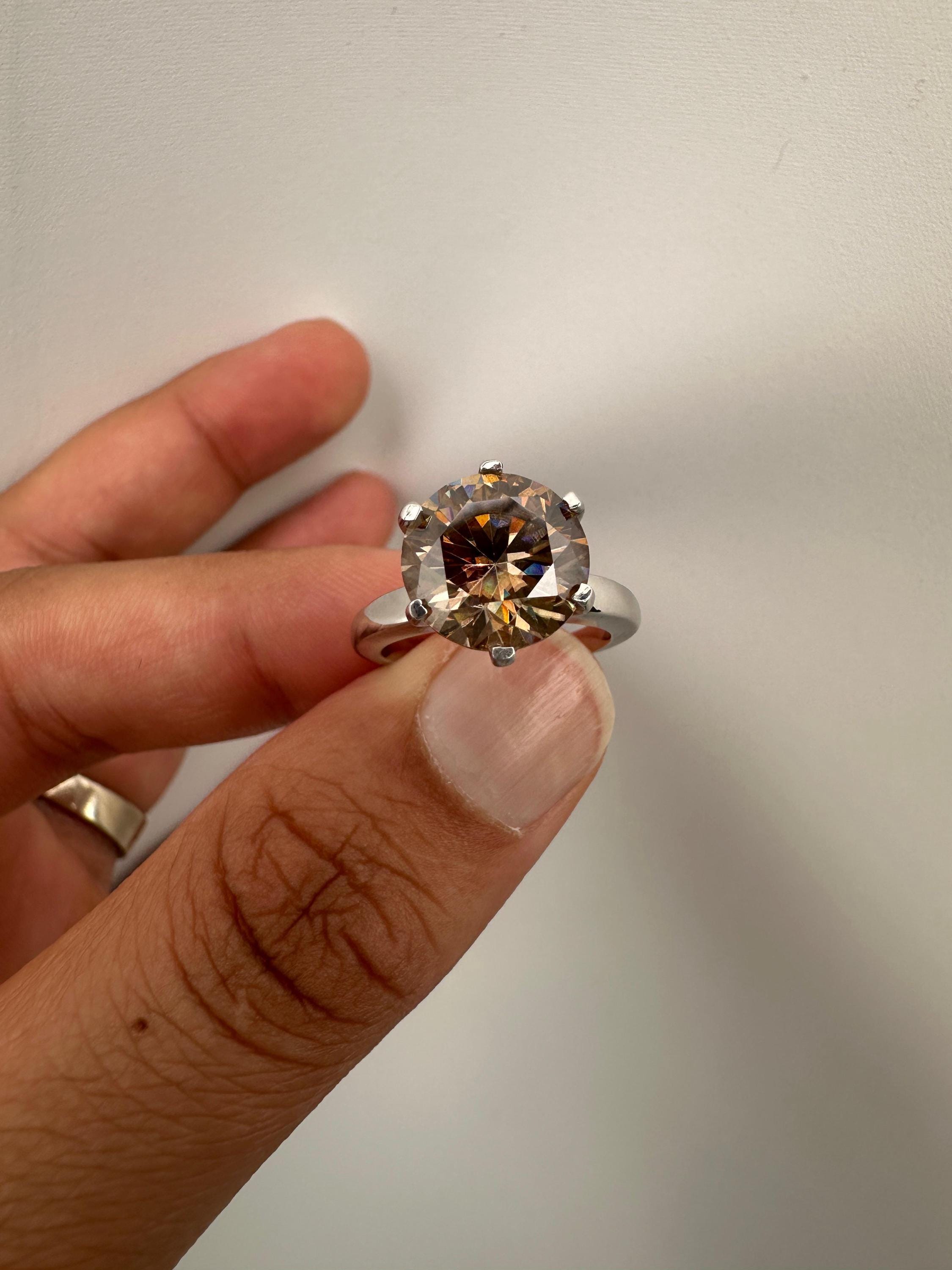 6 CT Champagne Moissanite Engagement Ring, 14K White Gold Round Solitaire Statement Ring