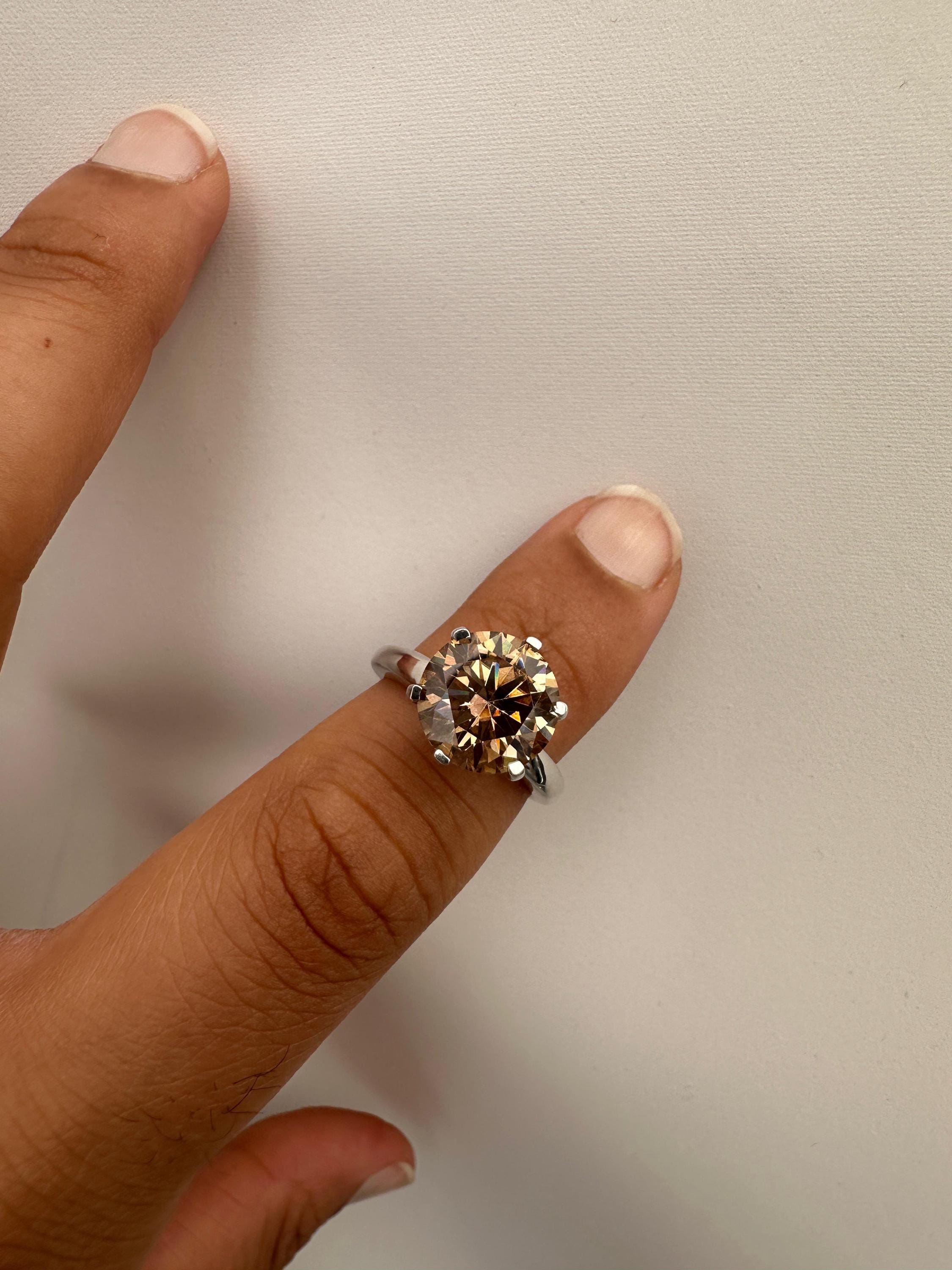 6 CT Champagne Moissanite Engagement Ring, 14K White Gold Round Solitaire Statement Ring