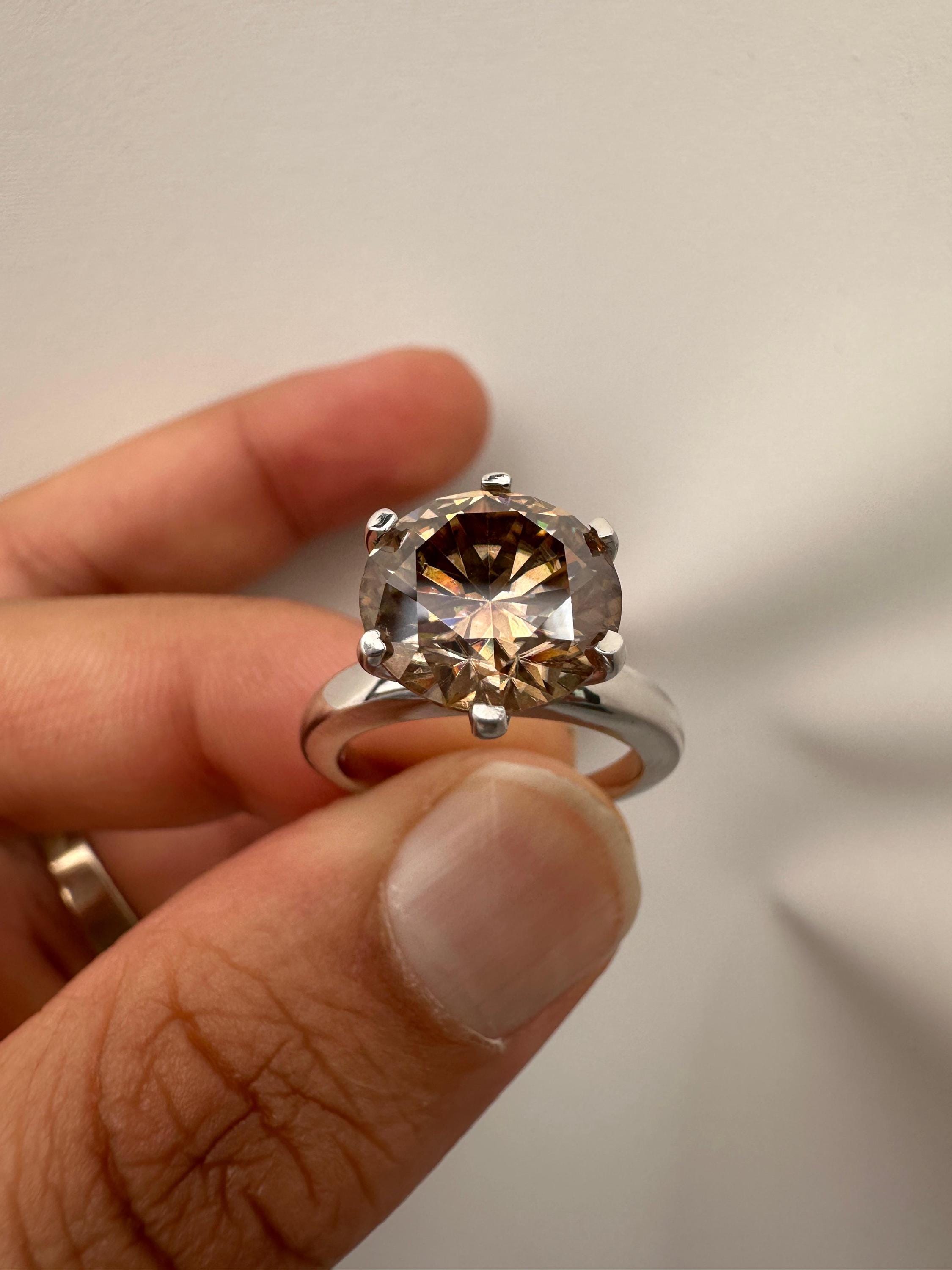 6 CT Champagne Moissanite Engagement Ring, 14K White Gold Round Solitaire Statement Ring