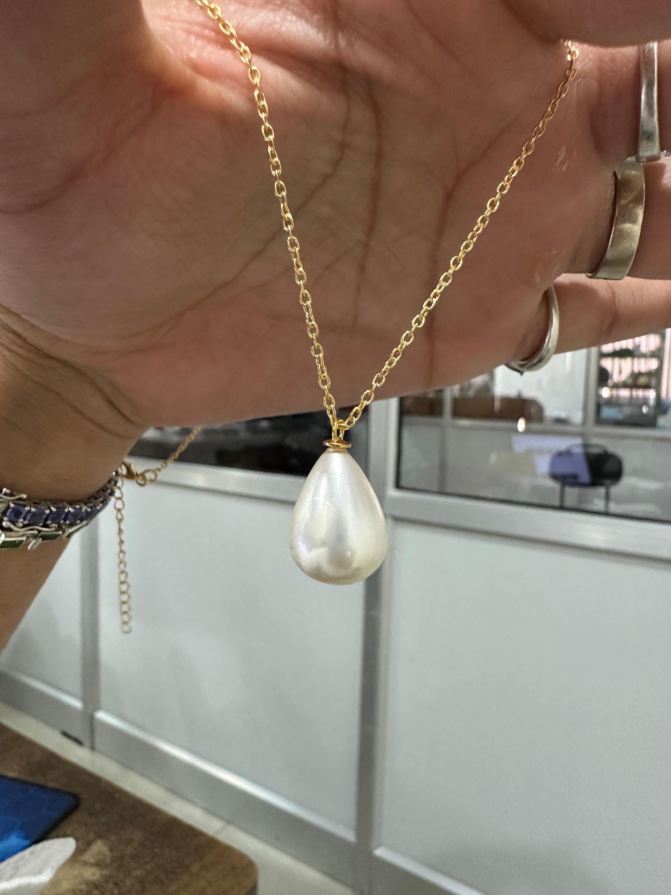 Teardrop Pearl Pendant Necklace, 14K Gold Vermeil Sterling Silver, Minimalist Statement Jewelry