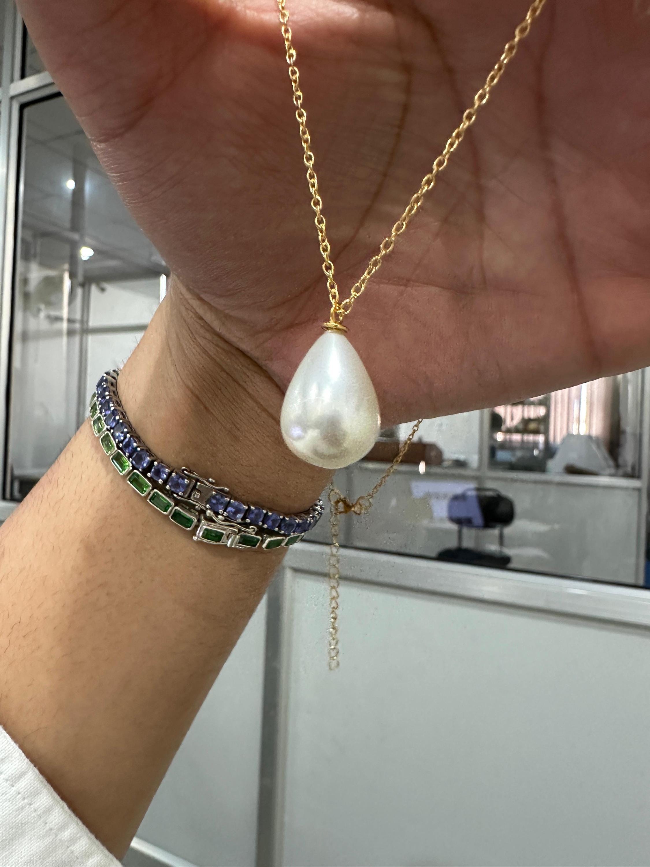 Teardrop Pearl Pendant Necklace, 14K Gold Vermeil Sterling Silver, Minimalist Statement Jewelry