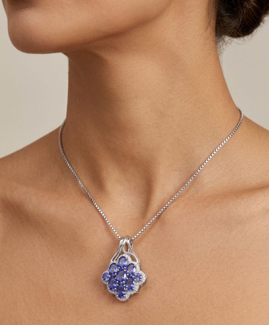 Tanzanite Cluster Pendant Necklace: 925 Sterling Silver Jewelry for her