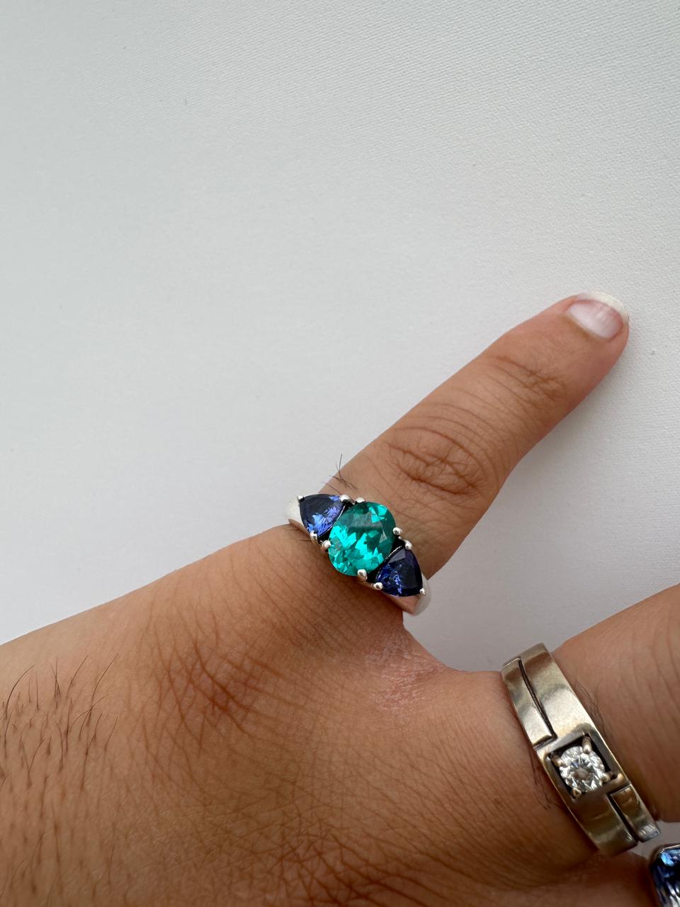 Ocean Paraiba Tanzanite Engagement Ring, 14K White Gold Three-Stone Blue Gemstone Ring