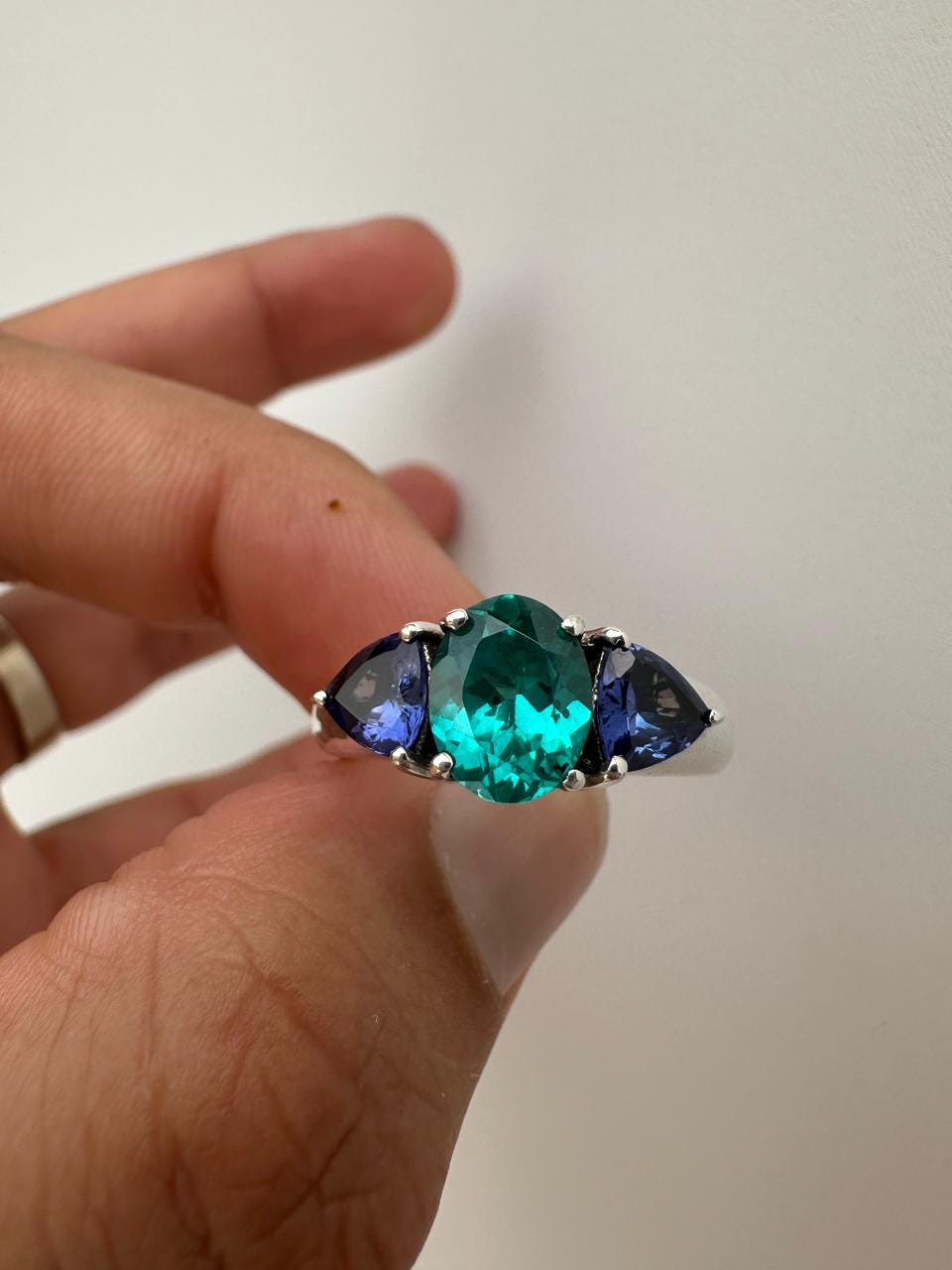 Ocean Paraiba Tanzanite Engagement Ring, 14K White Gold Three-Stone Blue Gemstone Ring