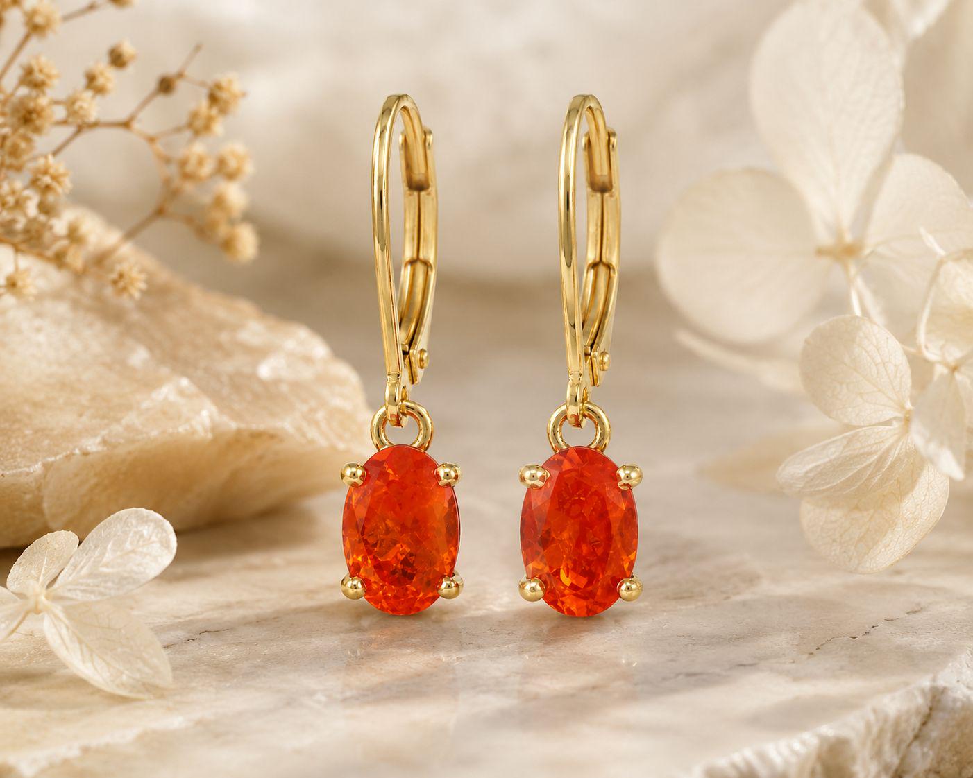14K Gold Natural Fire Opal Drop Earrings, October Birthstone Lever Back Jewelry