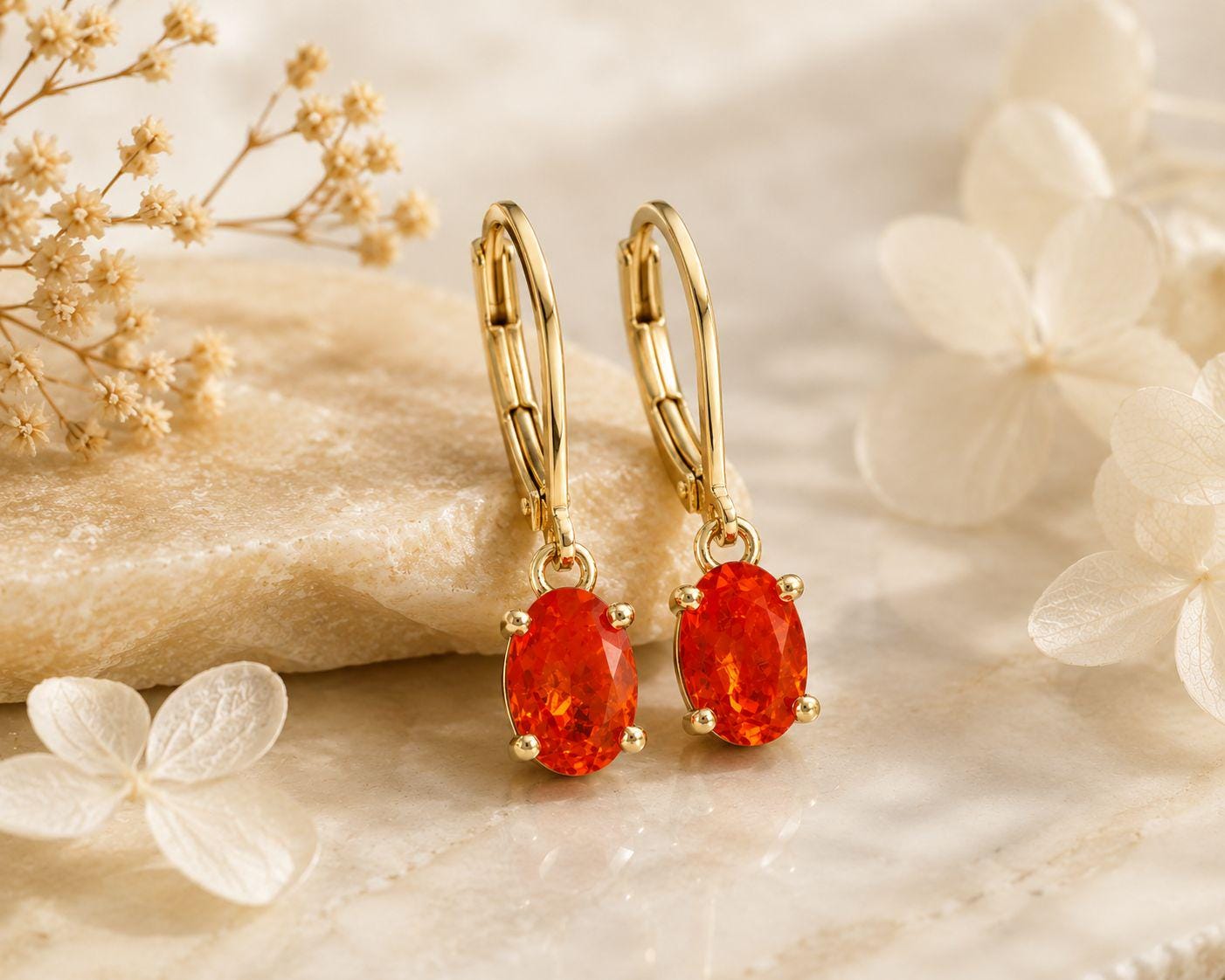 14K Gold Natural Fire Opal Drop Earrings, October Birthstone Lever Back Jewelry