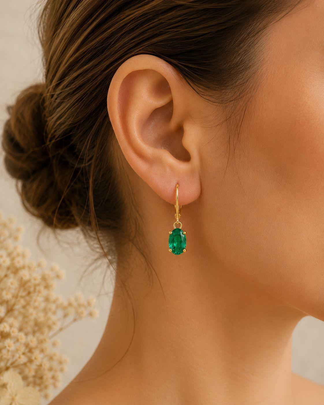 14K Gold Oval Emerald Drop Earrings, Lab Colombian Gemstone Lever Back Jewelry