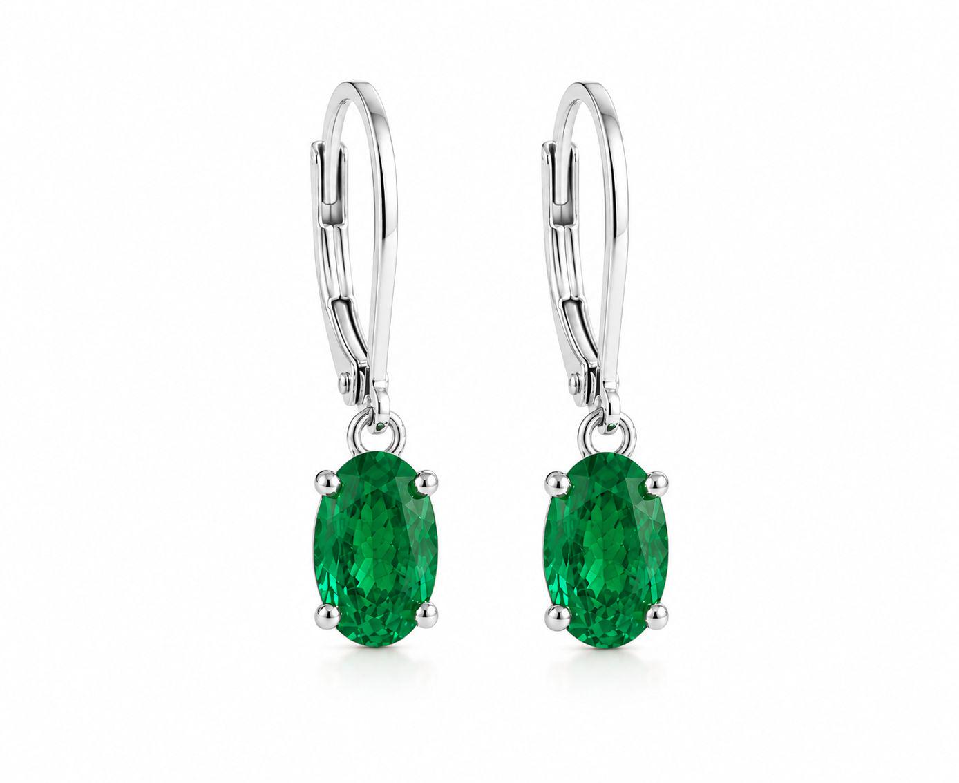 14K Gold Oval Emerald Drop Earrings, Lab Colombian Gemstone Lever Back Jewelry