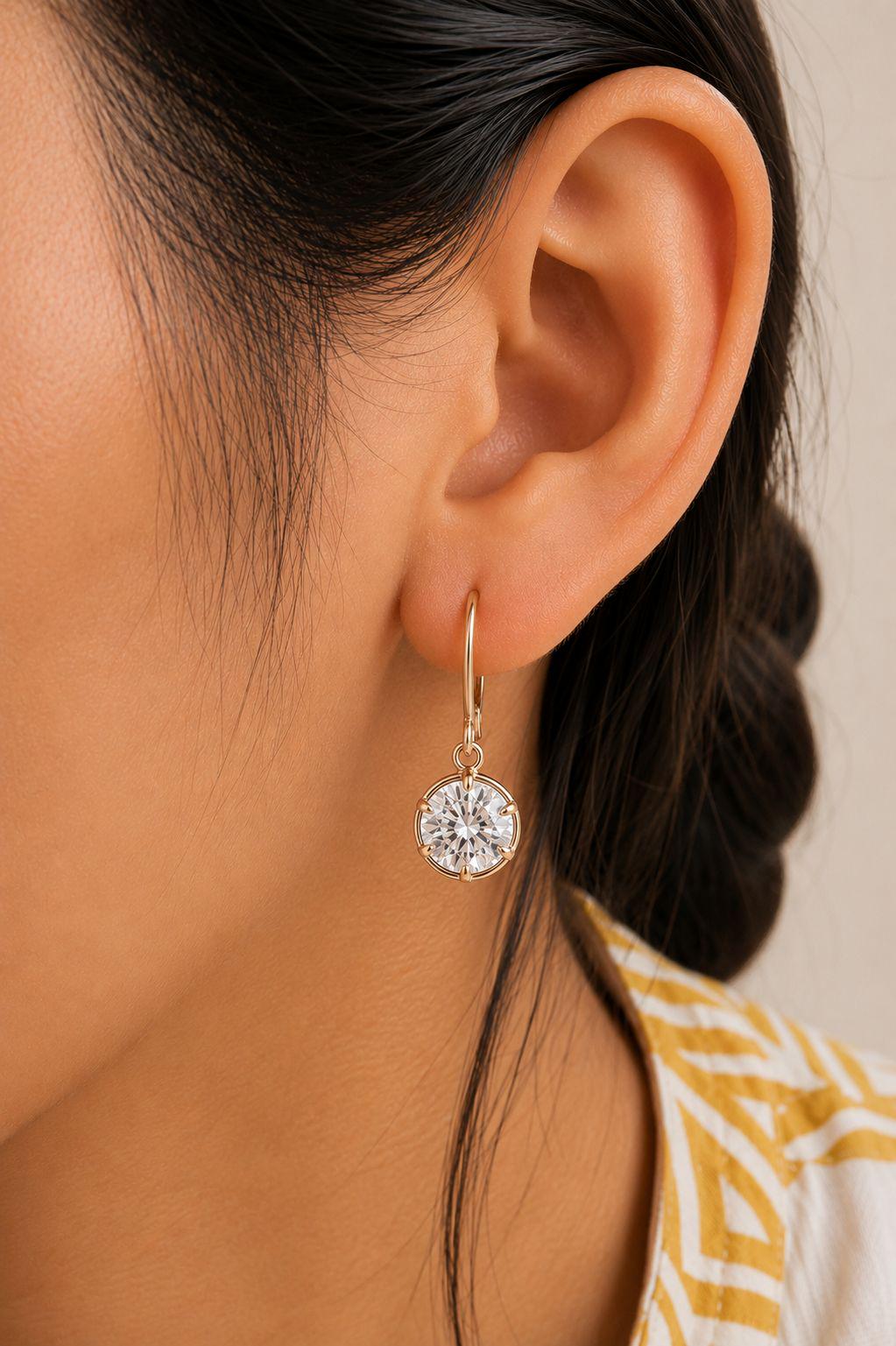18K Gold Round Lab Diamond Drop Earrings | D Color VS1 Lever Back Dangle Drops