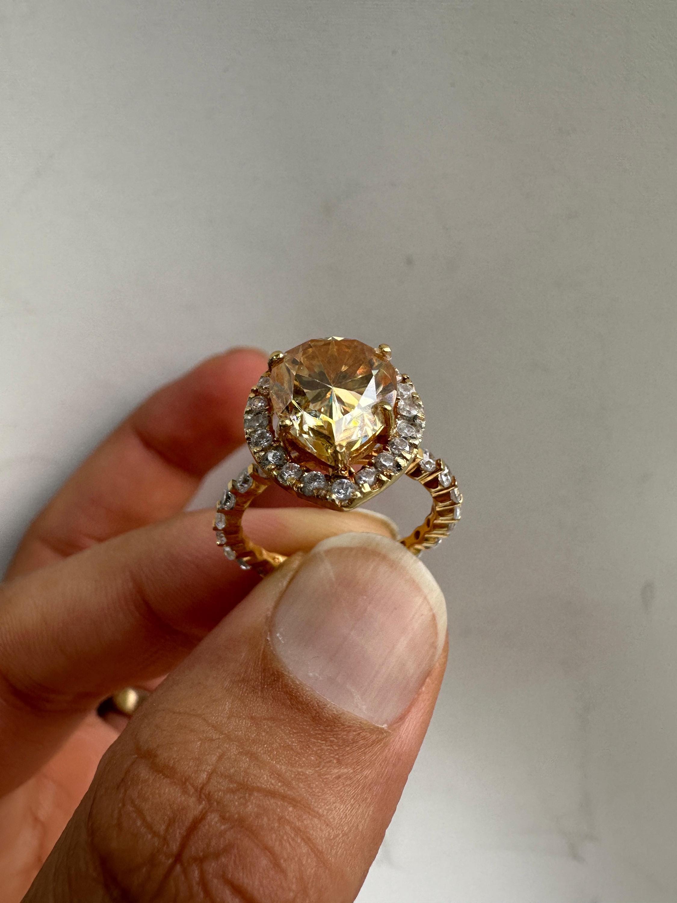 4 CT Yellow Moissanite Engagement Ring, 14k Gold Vermeil Halo Statement Ring for gift