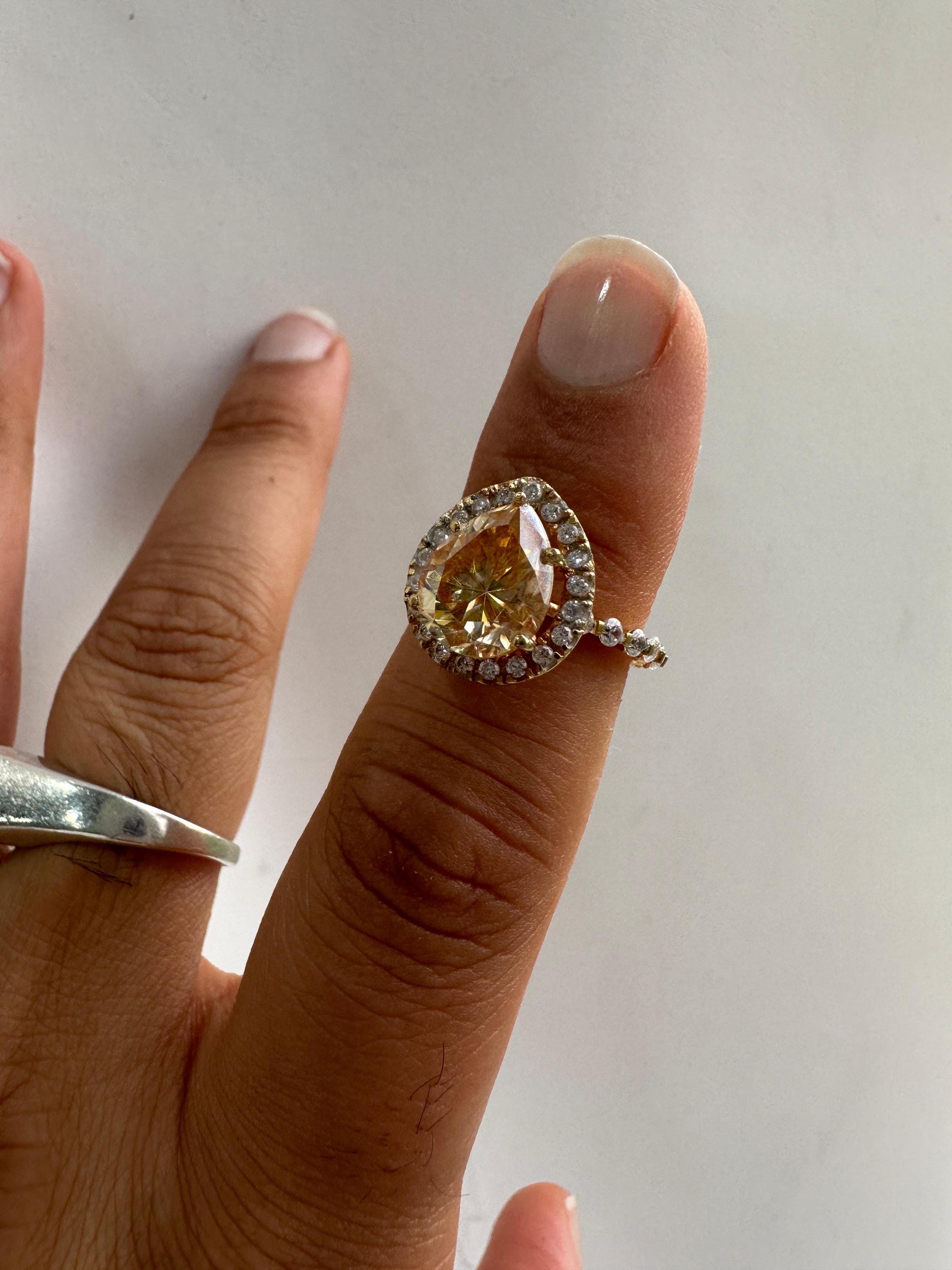 4 CT Yellow Moissanite Engagement Ring, 14k Gold Vermeil Halo Statement Ring for gift