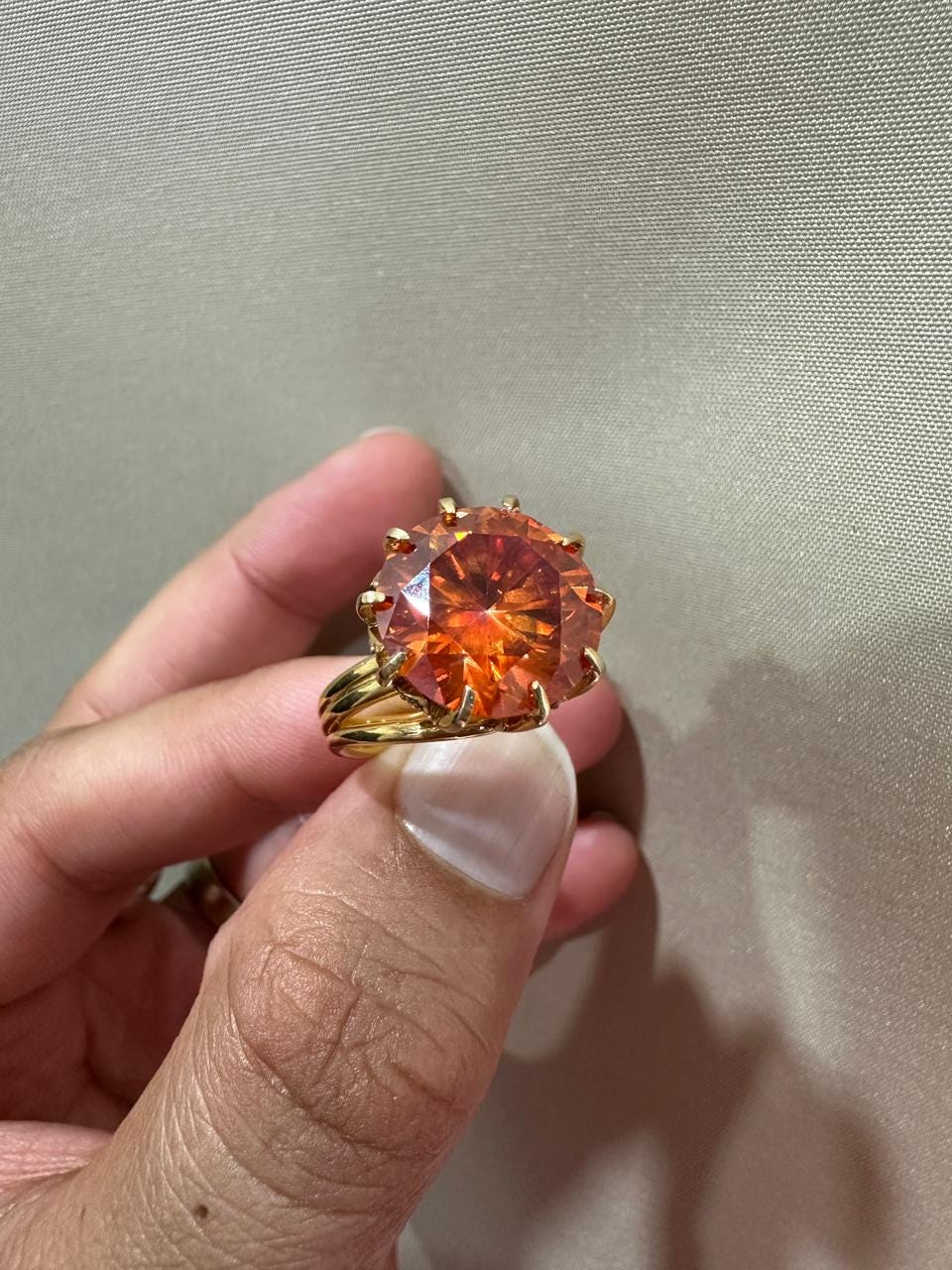 10 CT Orange Moissanite Engagement Ring, 14K Yellow Gold Round Cut Statement Ring