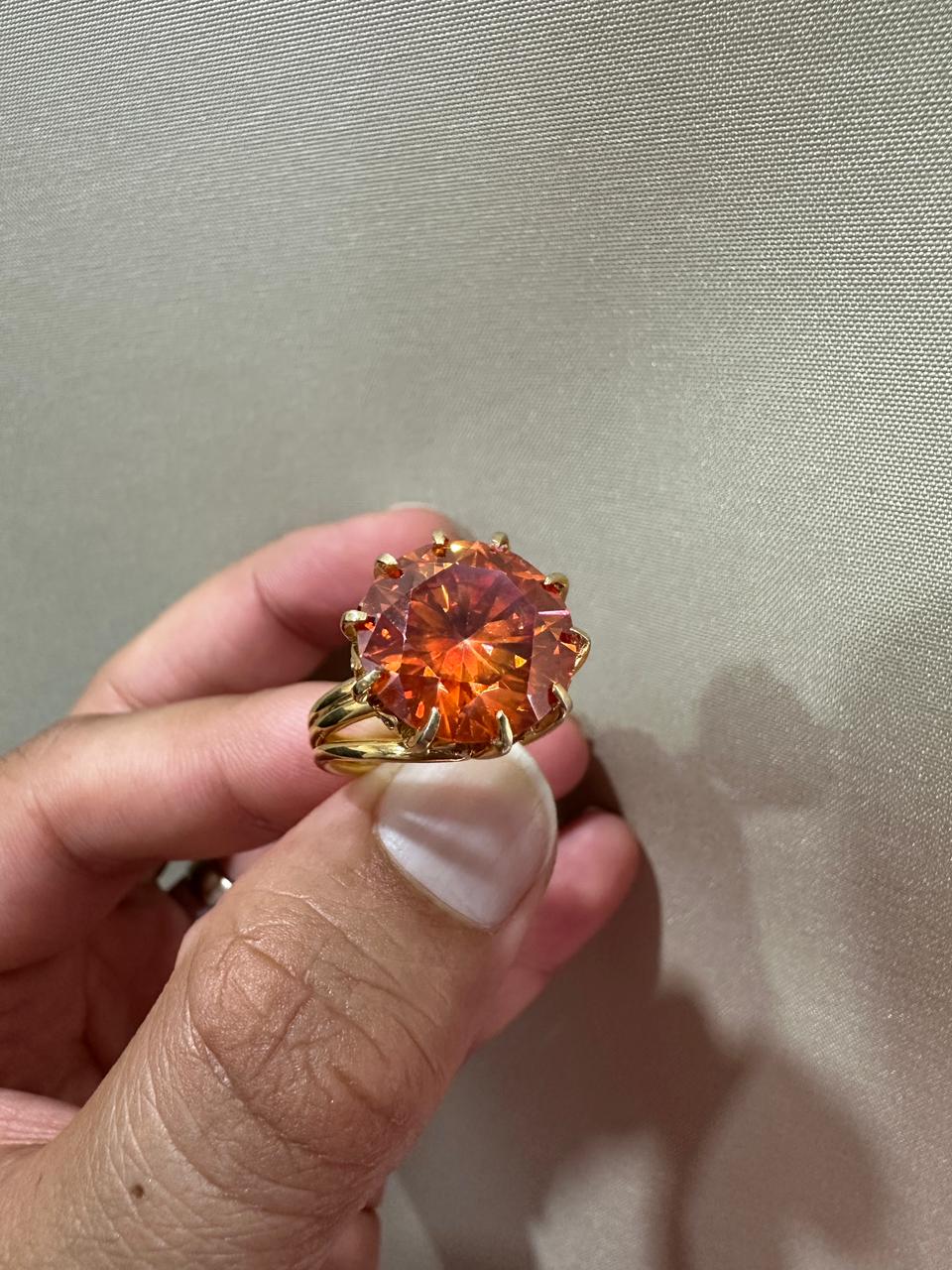 10 CT Orange Moissanite Engagement Ring, 14K Yellow Gold Round Cut Statement Ring