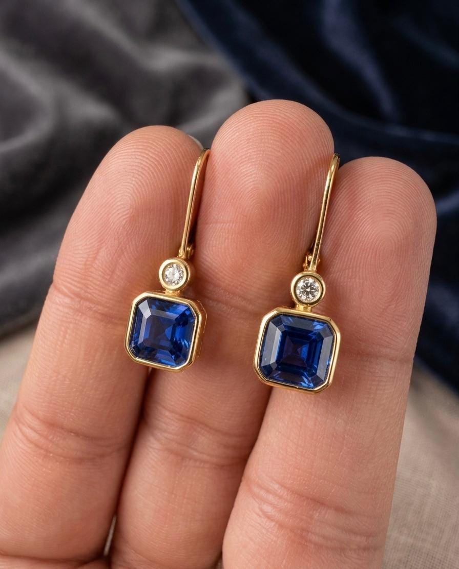 14k Yellow Gold Sapphire Lever Back Earrings, Luxury Anniversary Gifts for her