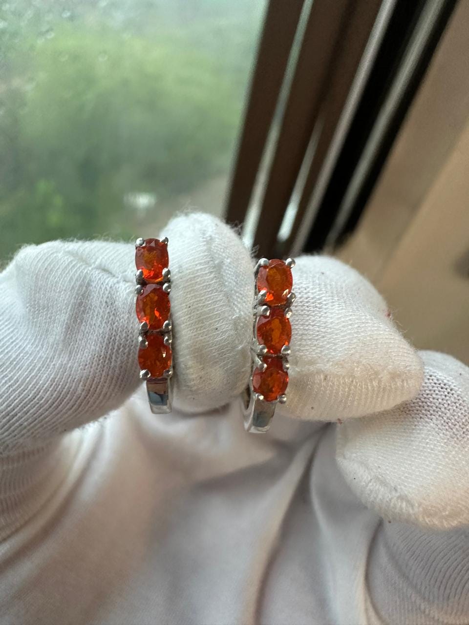 Natural Fire Opal Huggie Hoop Earrings for gift | 925 Silver, Orange gemstone jewelry
