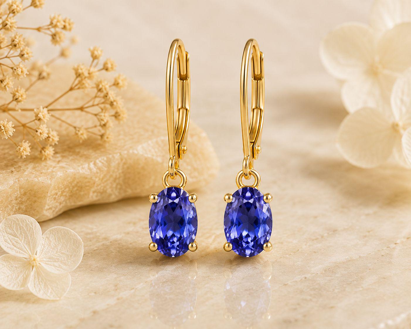 14K Gold Oval Tanzanite Leverback Drop Earrings, Blue Violet Gemstone Jewelry