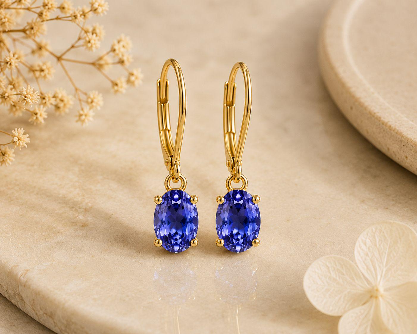 14K Gold Oval Tanzanite Leverback Drop Earrings, Blue Violet Gemstone Jewelry