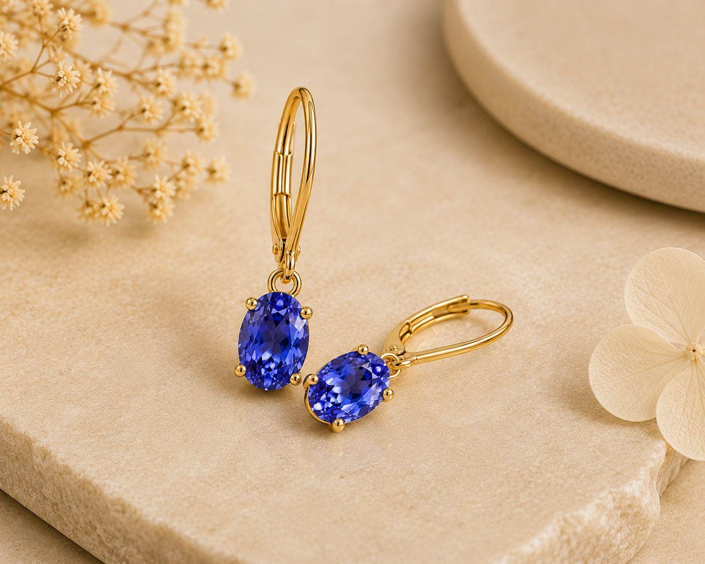 14K Gold Oval Tanzanite Leverback Drop Earrings, Blue Violet Gemstone Jewelry