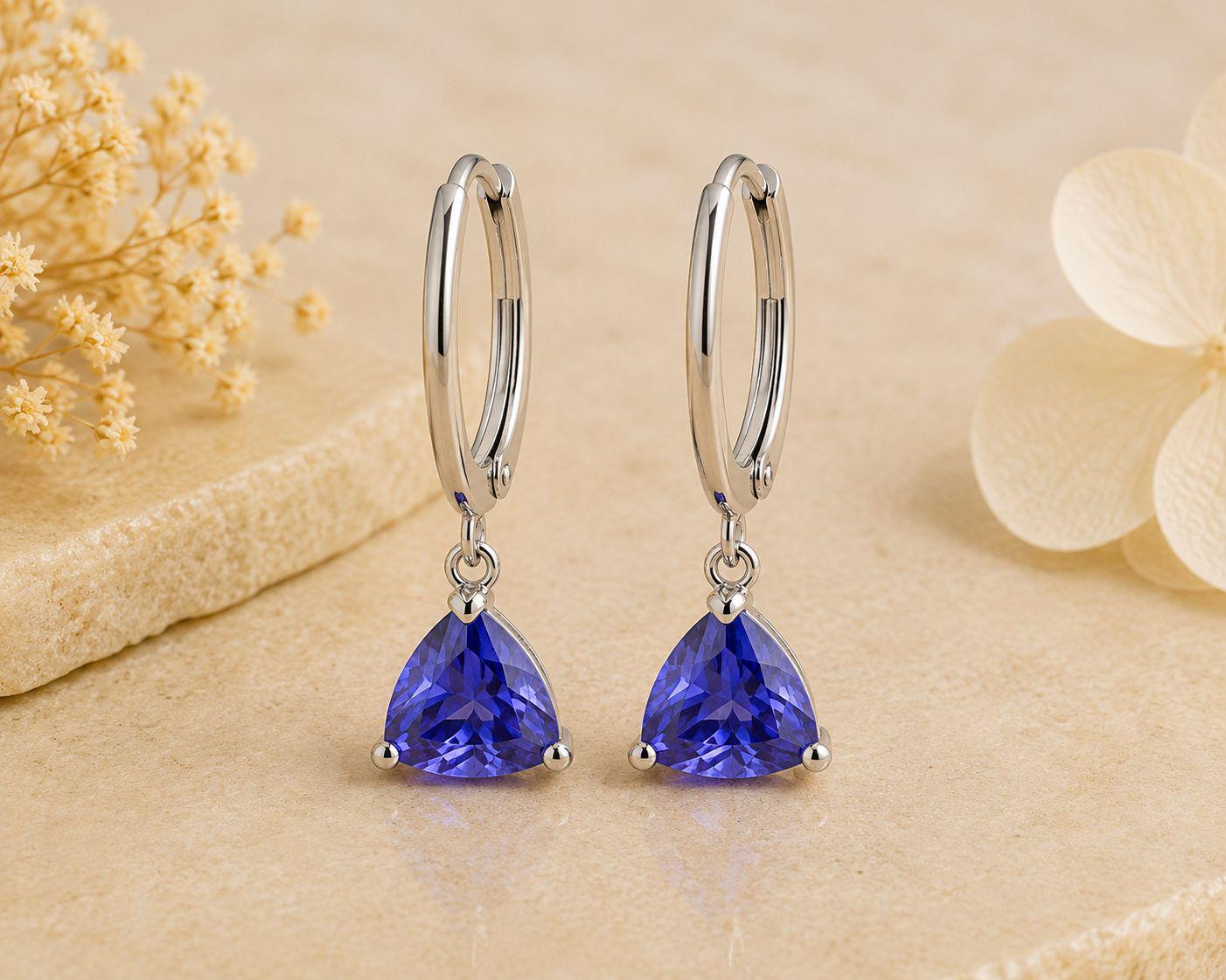 14K Gold Tanzanite Hoop Earrings, Trillion Cut Blue Gemstone, Luxury Drop Jewelry