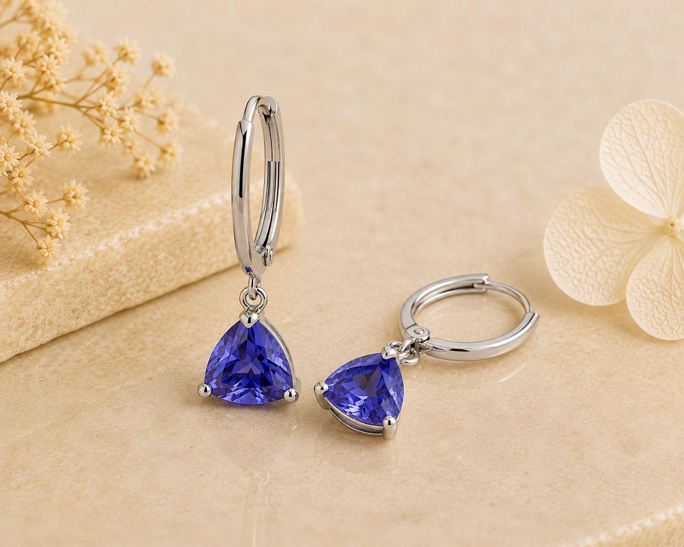 14K Gold Tanzanite Hoop Earrings, Trillion Cut Blue Gemstone, Luxury Drop Jewelry