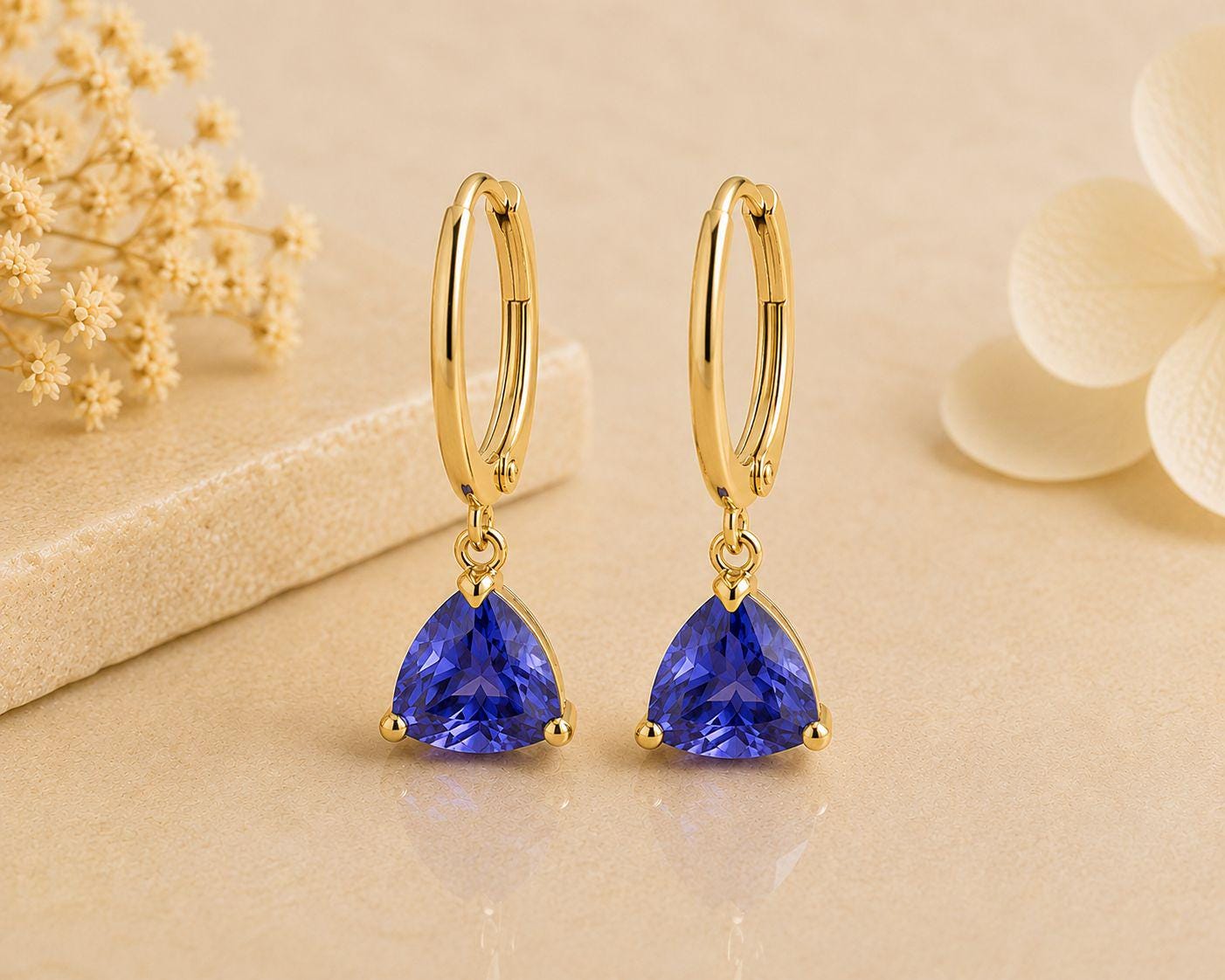 14K Gold Tanzanite Hoop Earrings, Trillion Cut Blue Gemstone, Luxury Drop Jewelry