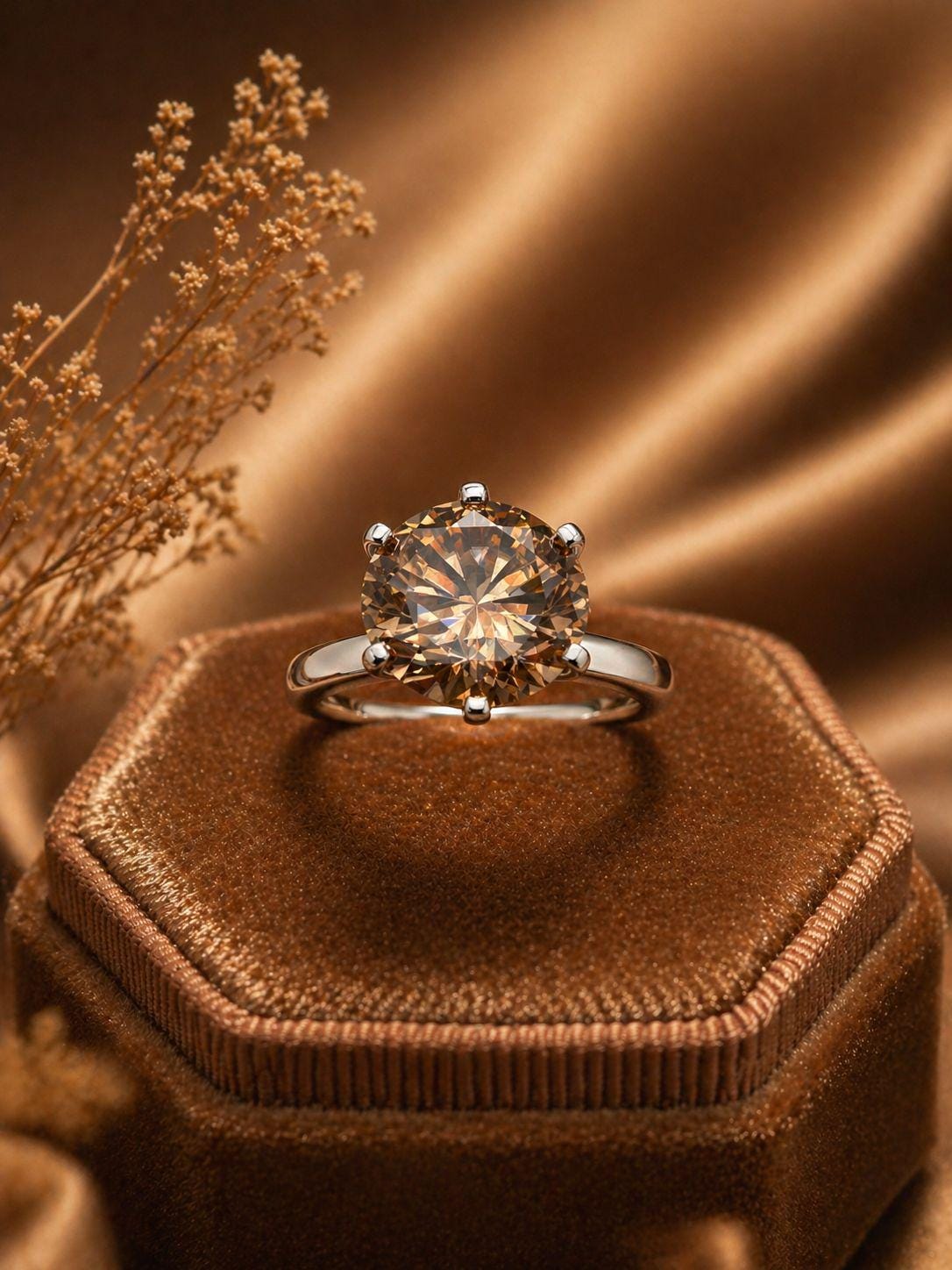 6 CT Champagne Moissanite Engagement Ring, 14K White Gold Round Solitaire Statement Ring