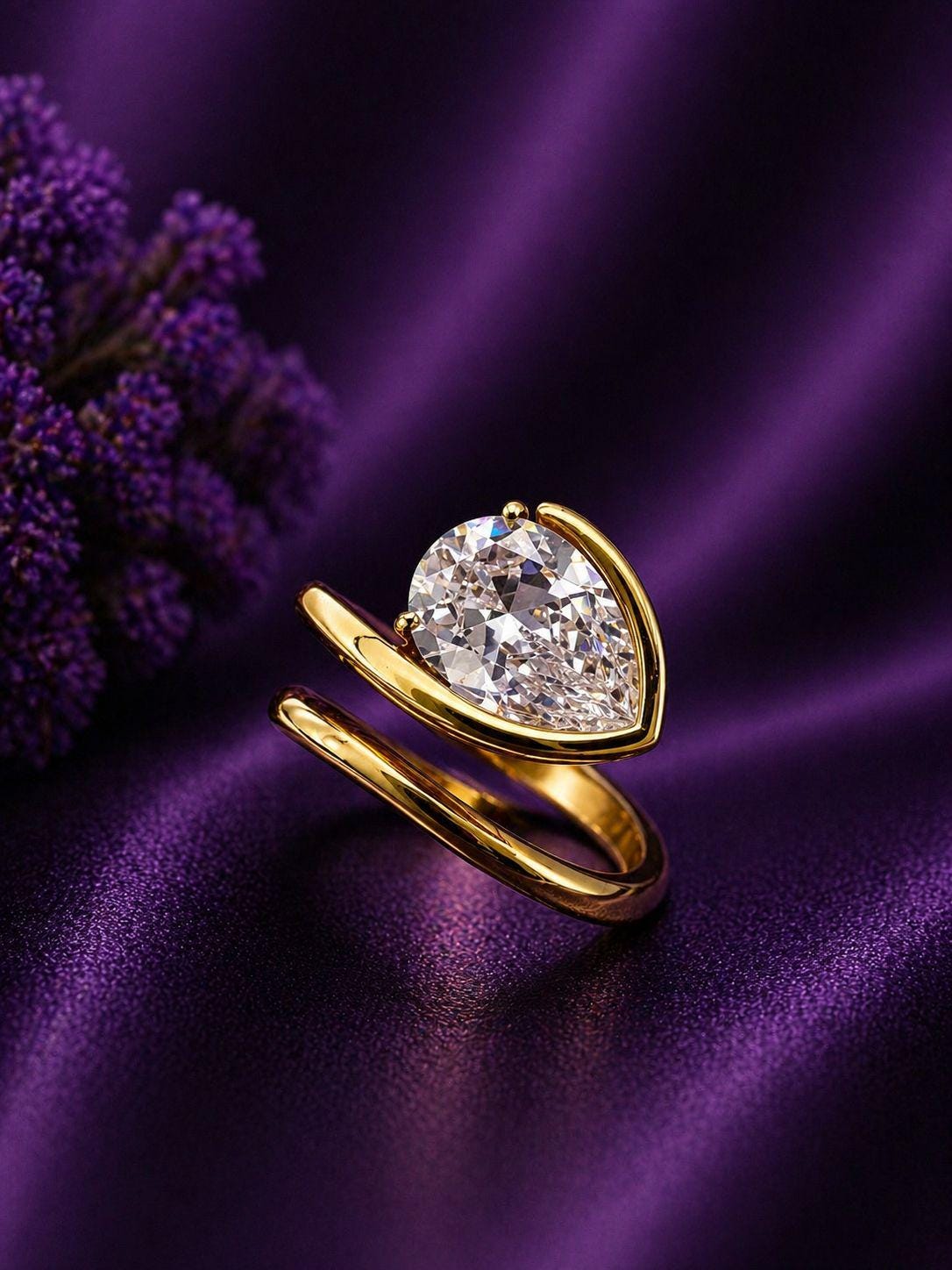 Pear Moissanite Adjustable Ring: Gold Vermeil Open Wrap Statement Piece