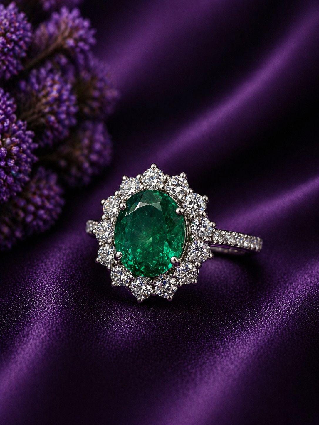 Oval Emerald Sunflower Halo Engagement Ring, Pave Band Statement Ring