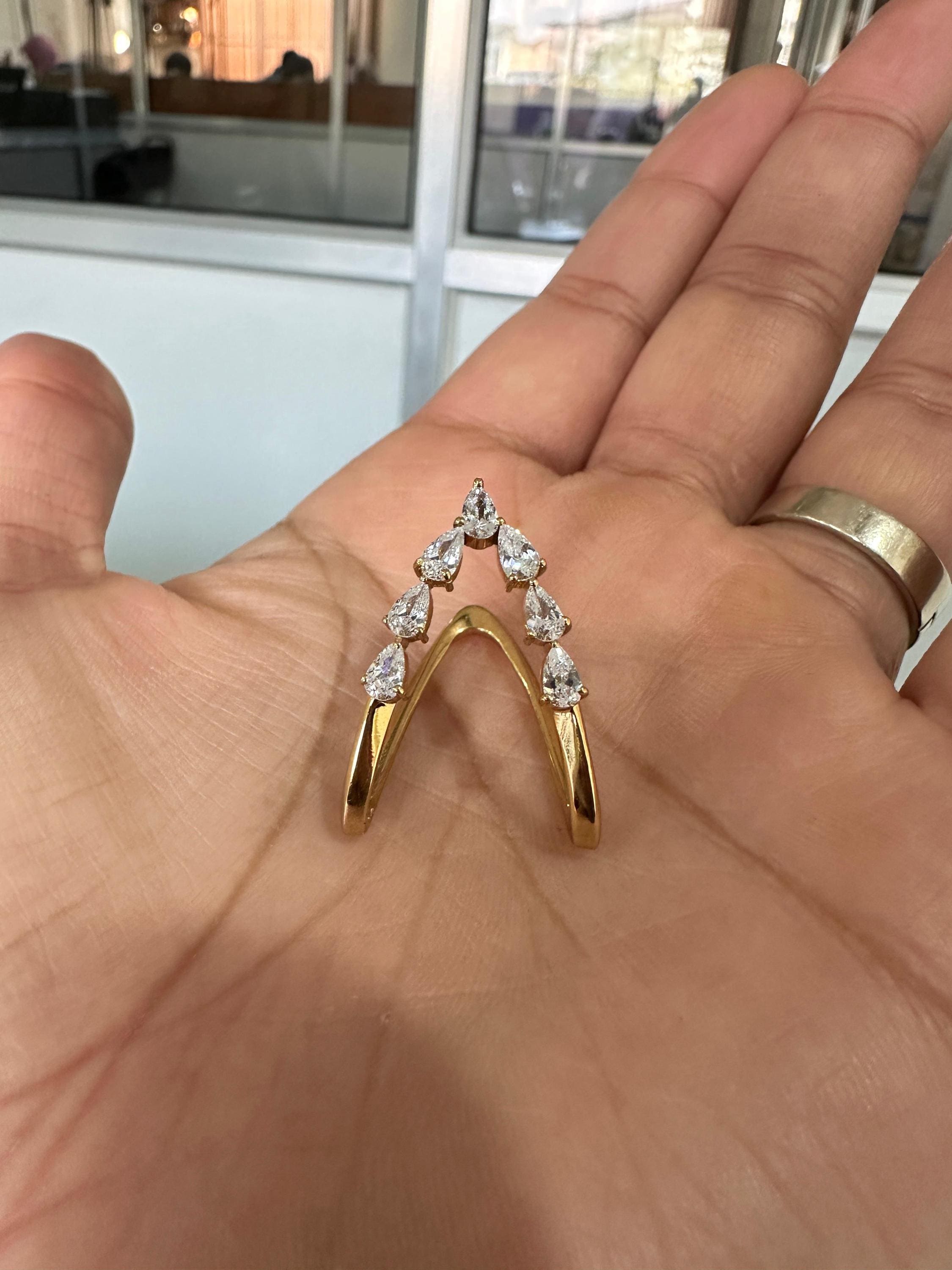 14K Gold Pear Moissanite Open Band Ring, Adjustable Statement Jewelry